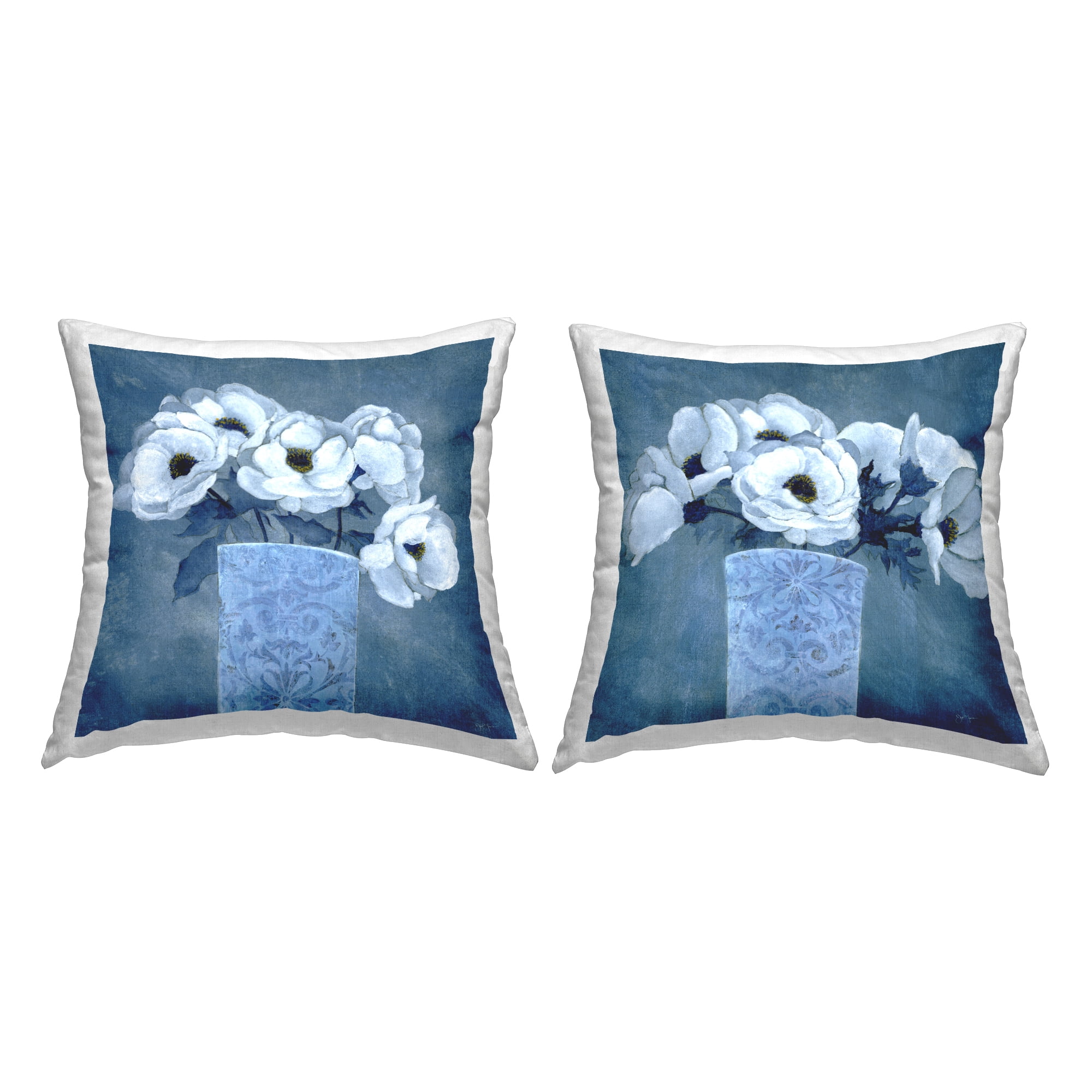 Stupell Industries Blue and White Poppies Decorative Printed Throw Pillow Design by Janet Tava.