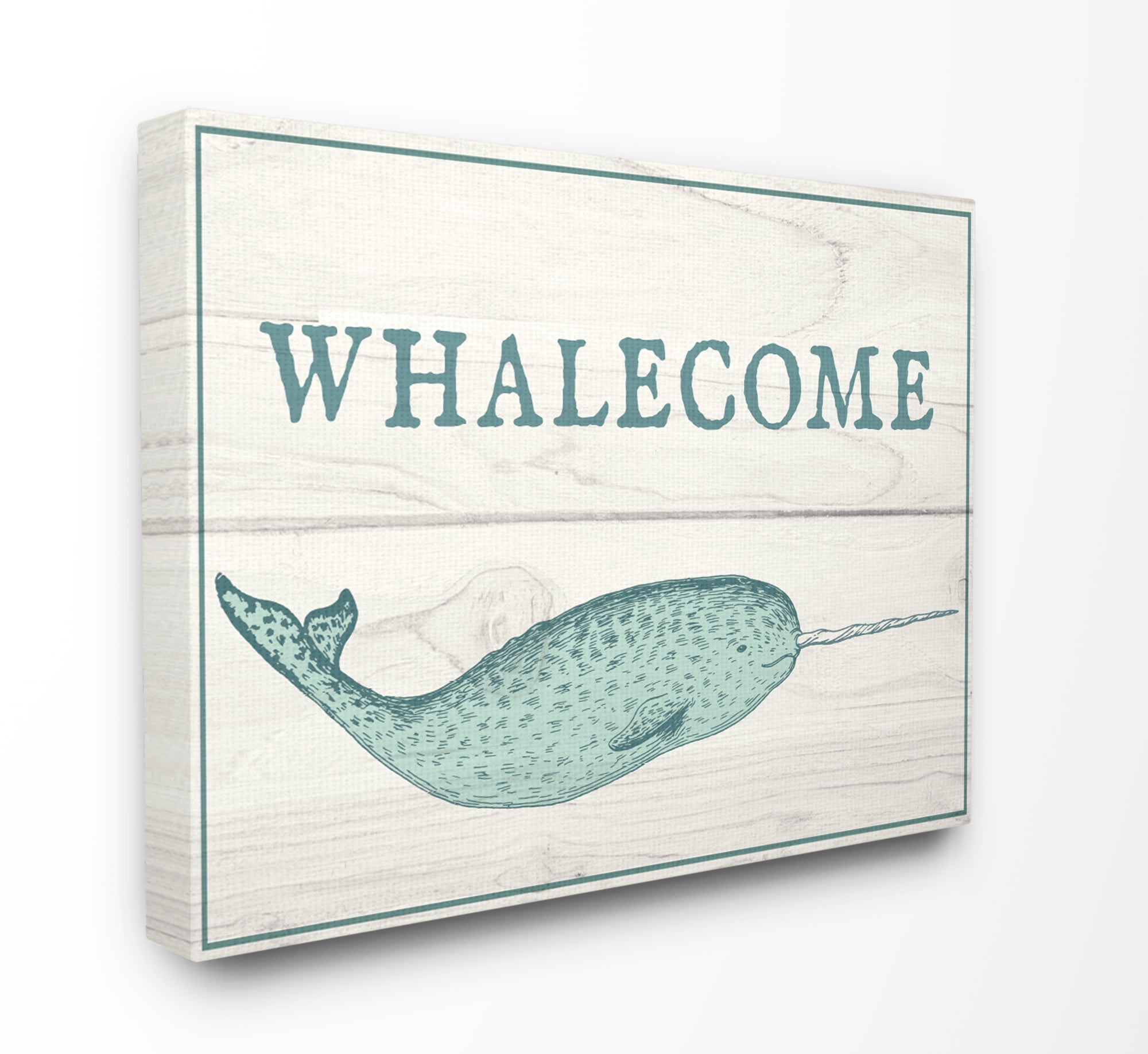 Stupell Industries Blue and White Whalecome Welcome Narwhal Planks Typography Painting Gallery Wrapped Canvas Art Print Wall Art, 30 x 40