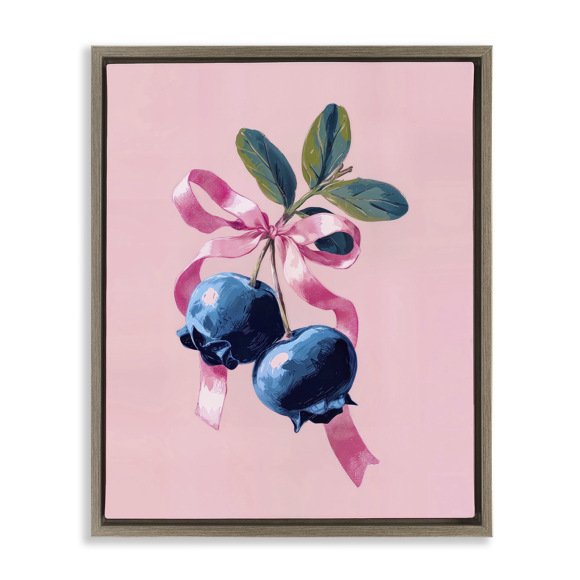 Stupell Industries Blueberry Branch with Pink Bow Brown Framed Floater Canvas Wall Art, design by Imagine It Images