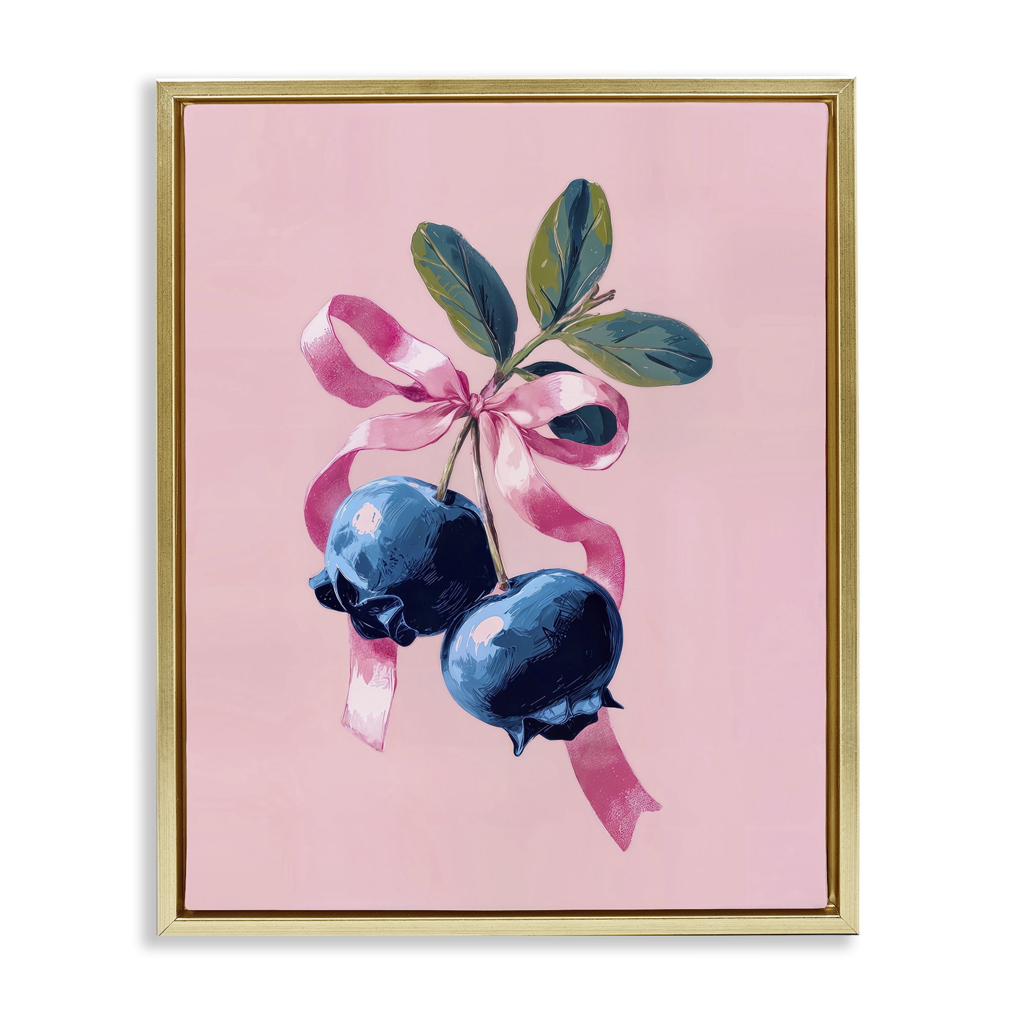 Stupell Industries Blueberry Branch with Pink Bow Gold Framed Floater Canvas Wall Art, design by Imagine It Images