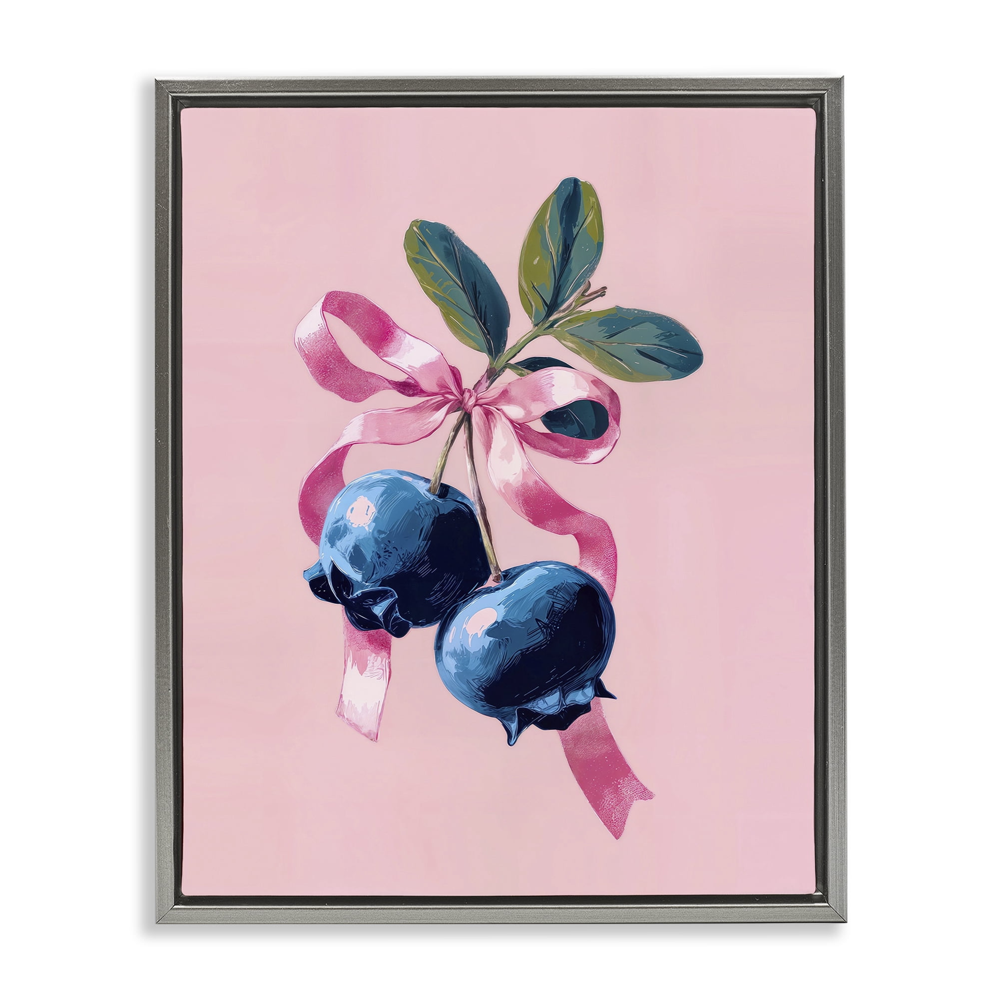 Stupell Industries Blueberry Branch with Pink Bow Gray Framed Floater Canvas Wall Art, design by Imagine It Images