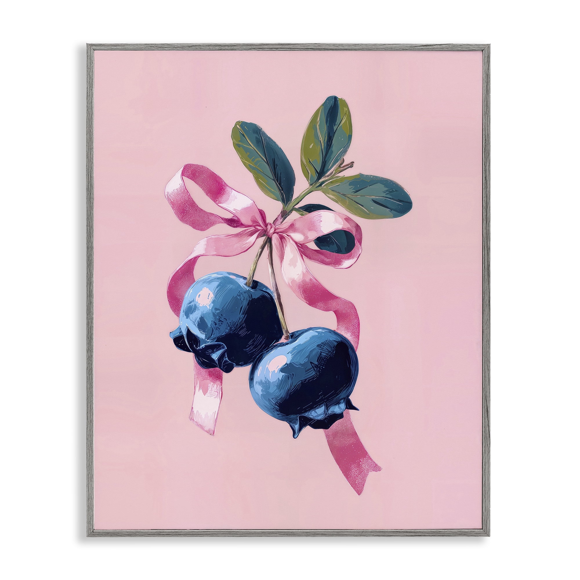 Stupell Industries Blueberry Branch with Pink Bow Gray Framed Giclee Art, design by Imagine It Images
