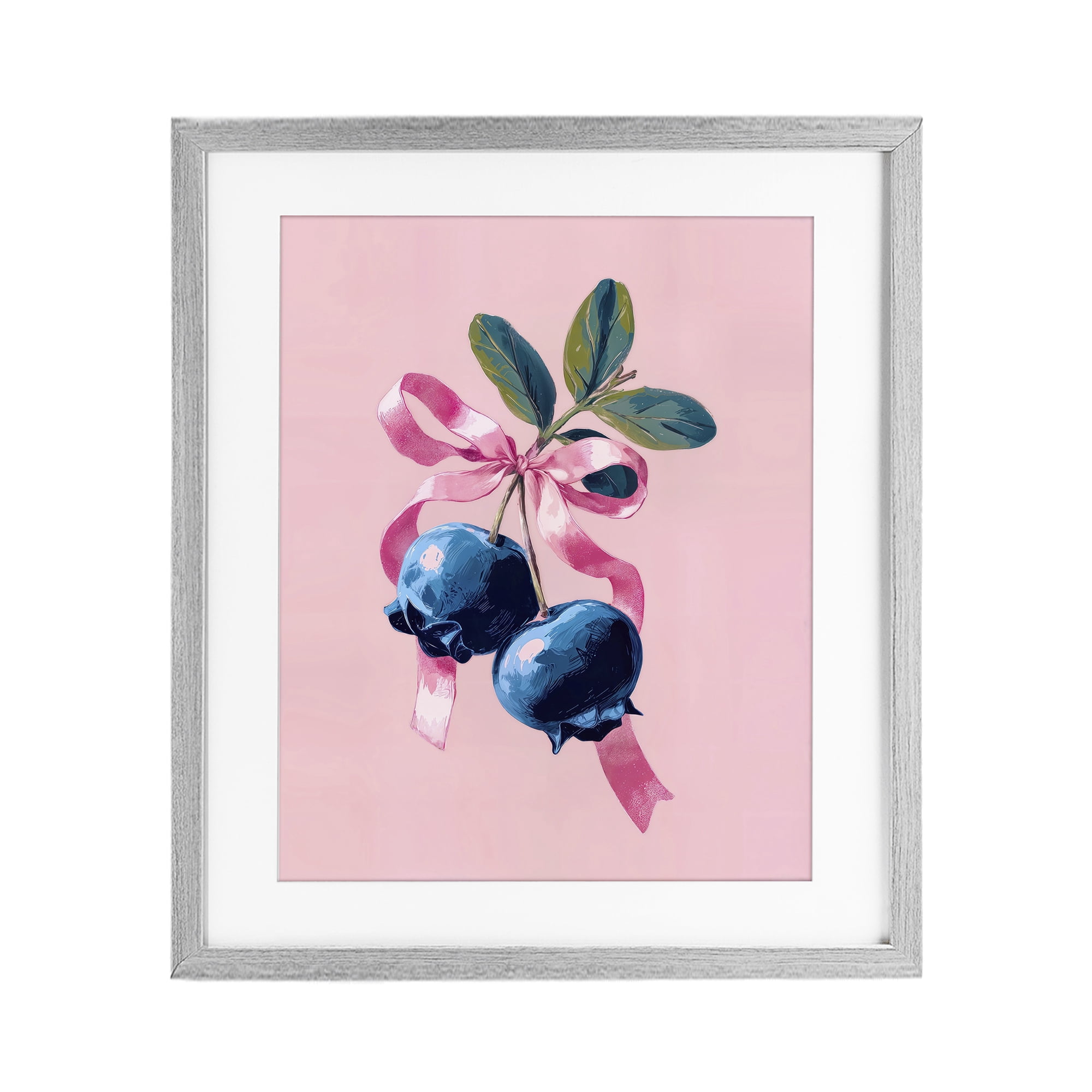 Stupell Industries Blueberry Branch with Pink Bow Gray Framed Print Under Glass, design by Imagine It Images