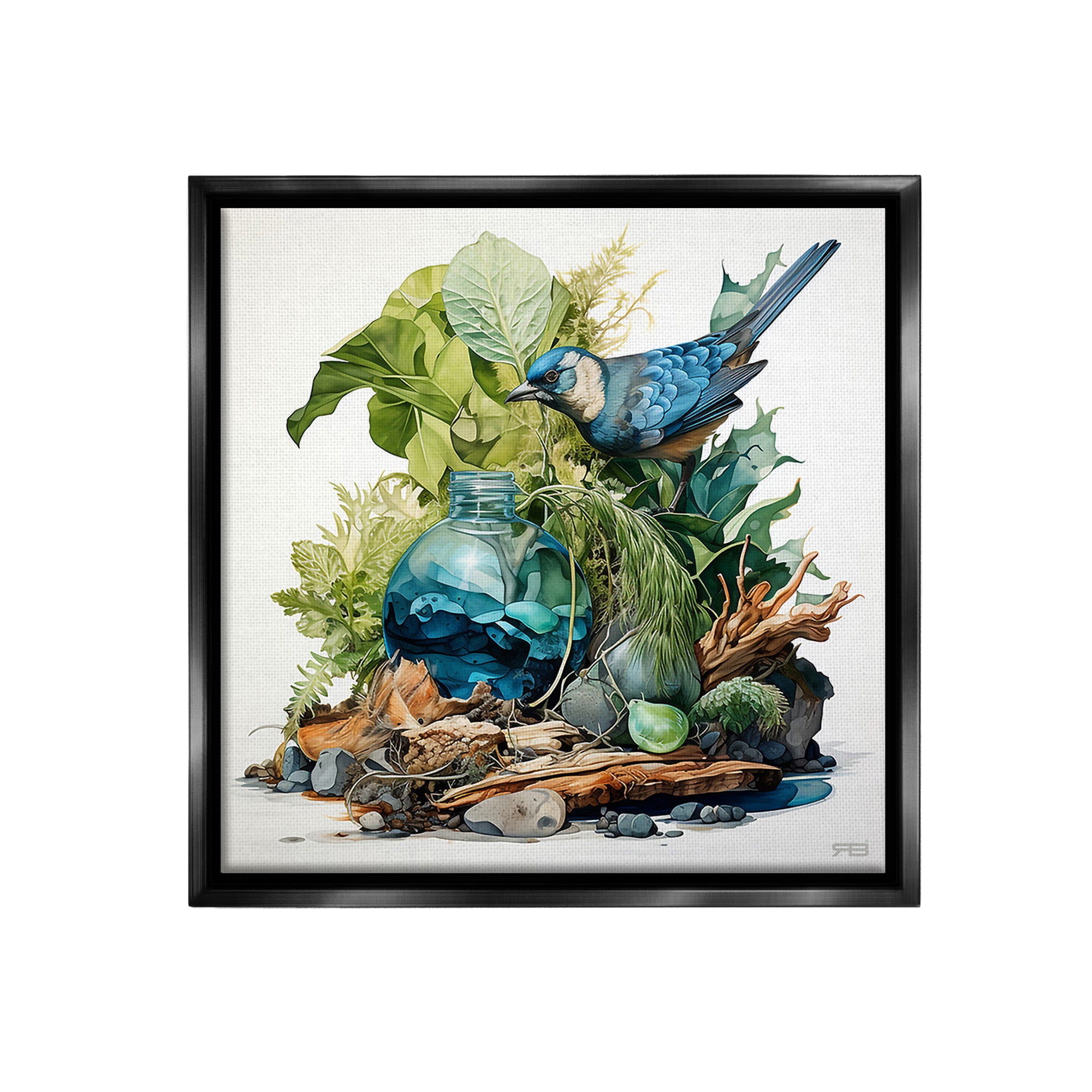 Stupell Industries Bluebird & Woodland Plants Animals & Insects Painting Black Floater Framed Canvas Art Print Wall Art, 25 x 25