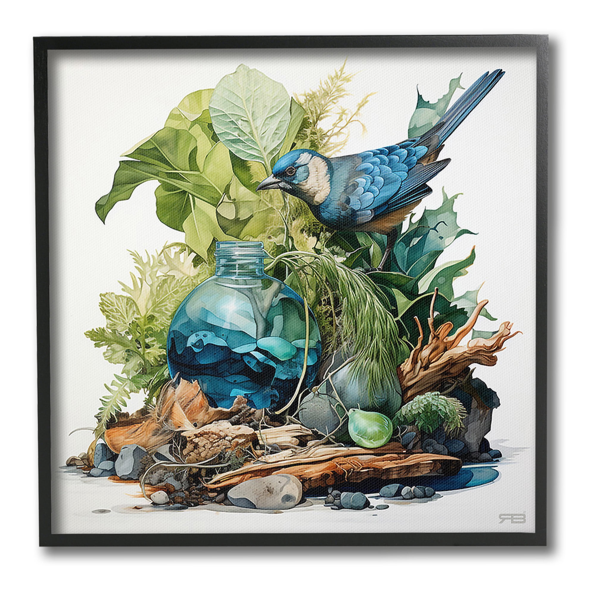 Stupell Industries Bluebird & Woodland Plants Animals & Insects Painting Black Framed Art Print Wall Art, 12 x 12