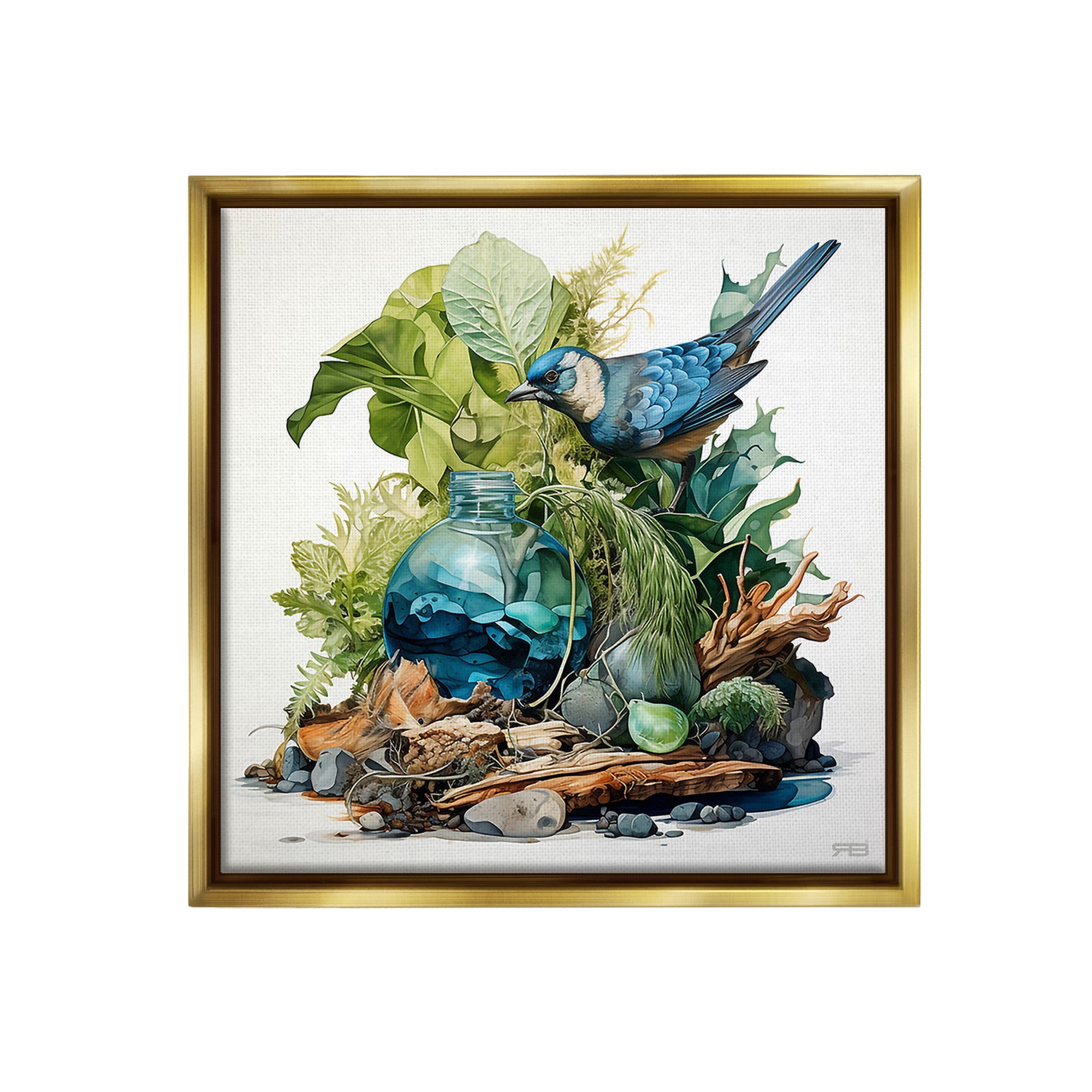 Stupell Industries Bluebird & Woodland Plants Animals & Insects Painting Gold Floater Framed Canvas Art Print Wall Art, 18 x 18