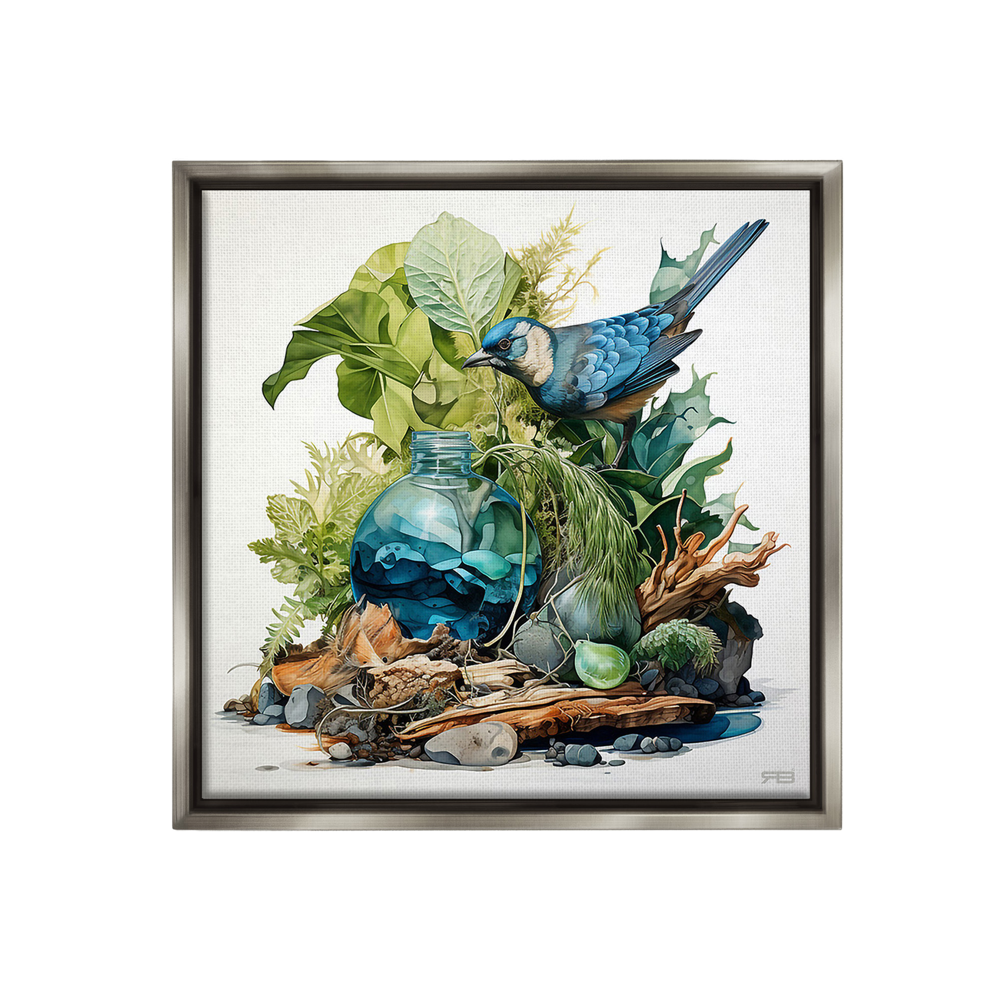 Stupell Industries Bluebird & Woodland Plants Animals & Insects Painting Gray Floater Framed Canvas Art Print Wall Art, 18 x 18