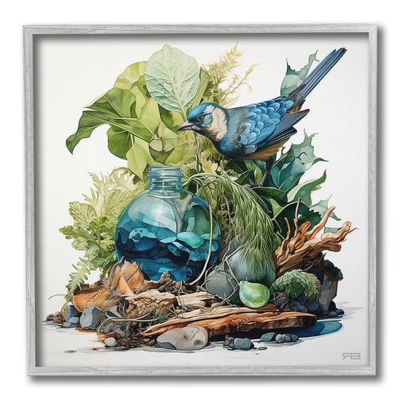 Stupell Industries Bluebird & Woodland Plants Animals & Insects Painting Gray Framed Art Print Wall Art, 12 x 12