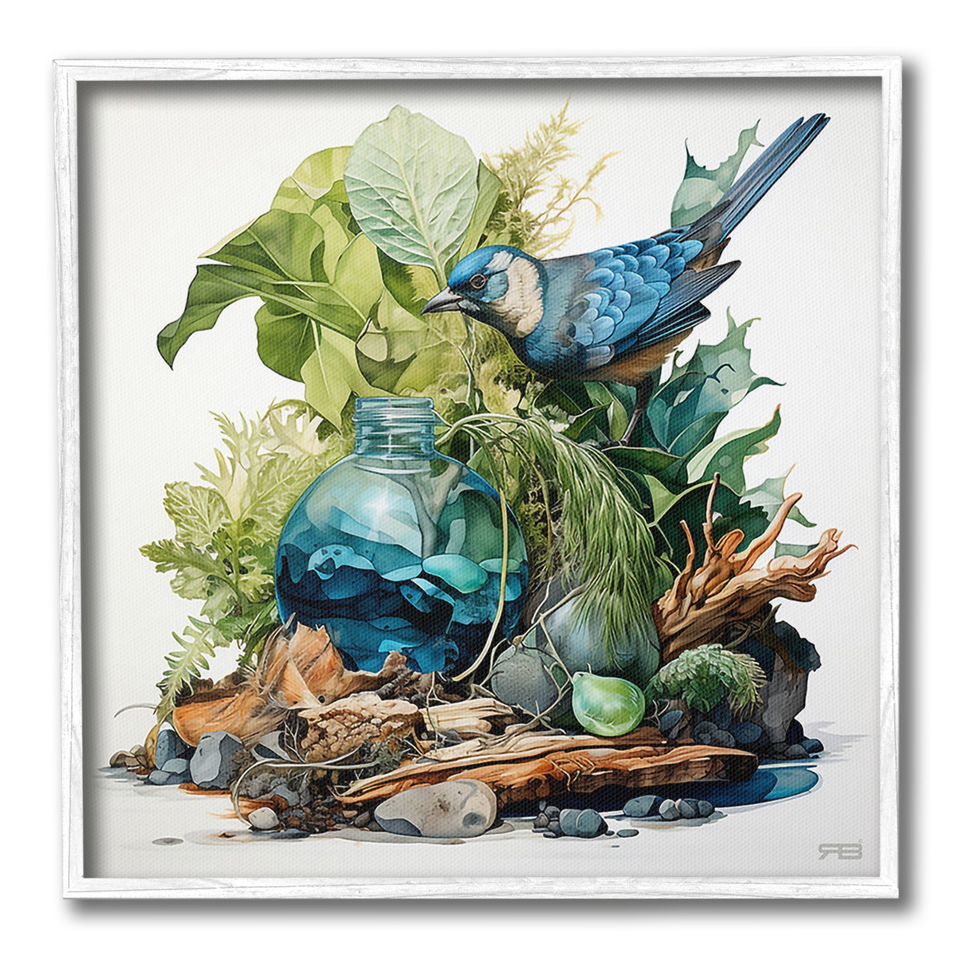 Stupell Industries Bluebird & Woodland Plants Animals & Insects Painting White Framed Art Print Wall Art, 24 x 24