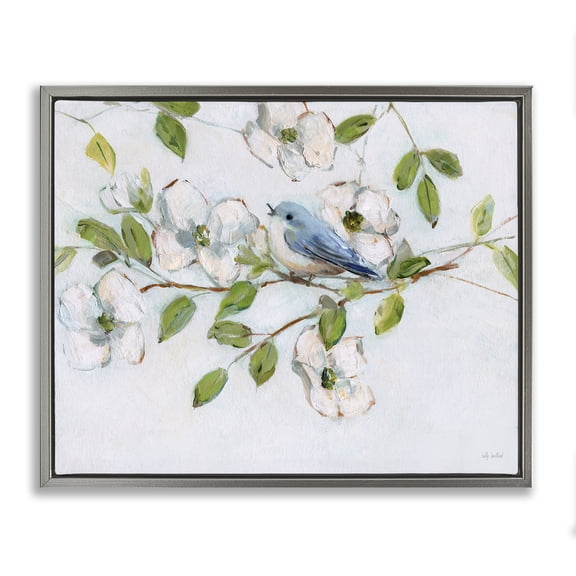 Stupell Industries Bluebird on Dogwood Branch Floral Painting Gray Floater Framed Canvas Art Print Wall Art, 21 x 17