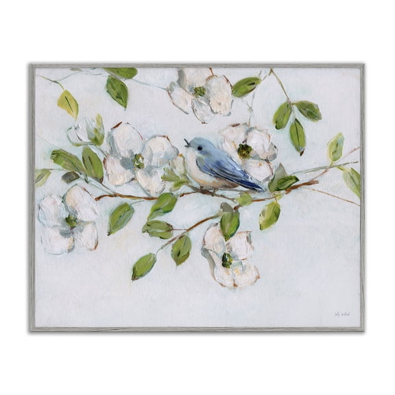 Stupell Industries Bluebird on Dogwood Branch Floral Painting Gray Framed Art Print Wall Art, 20 x 16