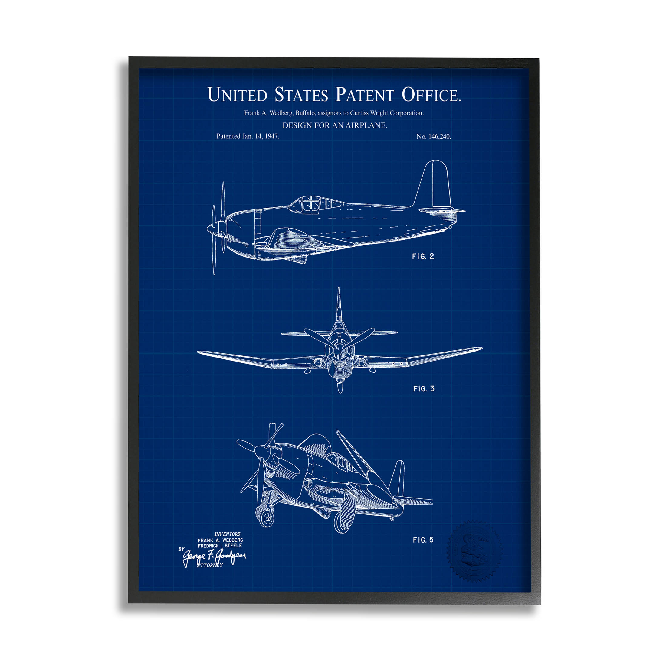 Stupell Industries Blueprint Patent Airplane Diagram Graphic Art Black Framed Art Print Wall Art, Design by Karl Hronek