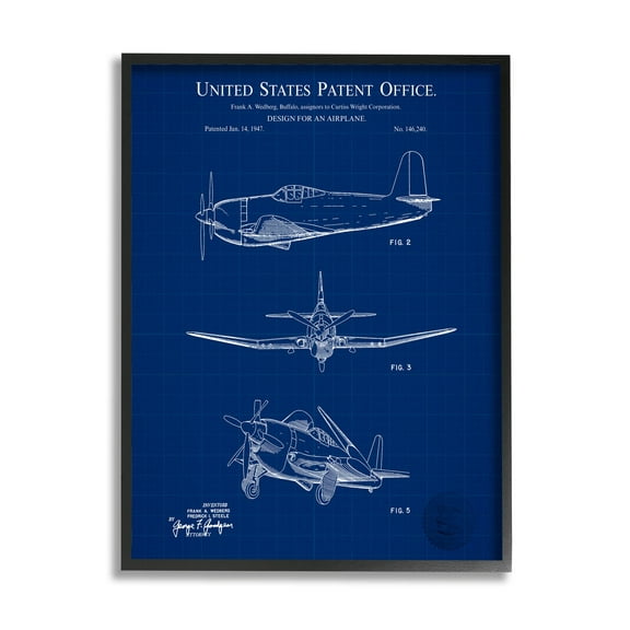 Stupell Industries Blueprint Patent Airplane Diagram Graphic Art Black Framed Art Print Wall Art, Design by Karl Hronek
