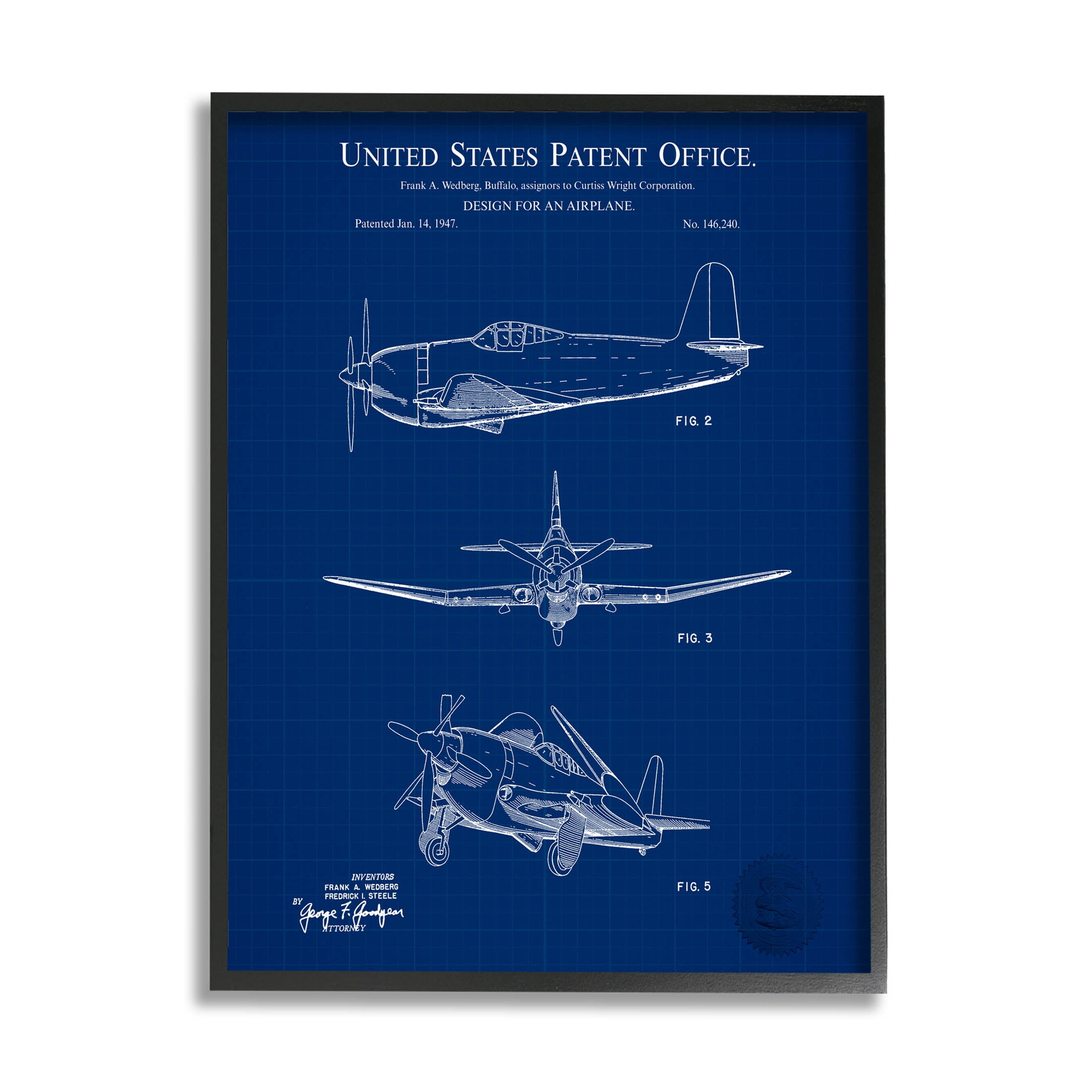 Stupell Industries Blueprint Patent Airplane Diagram Graphic Art Black Framed Art Print Wall Art, Design by Karl Hronek