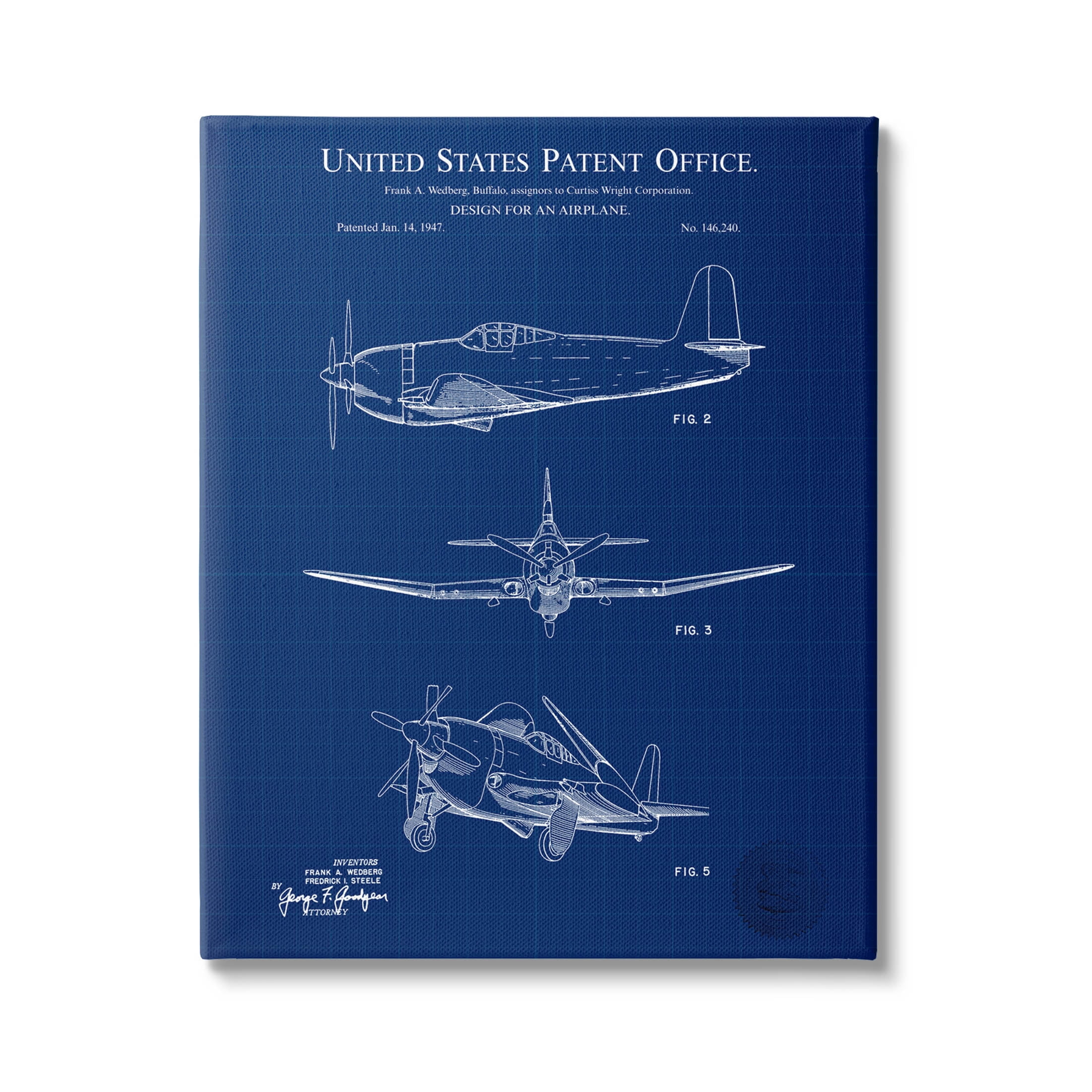 Stupell Industries Blueprint Patent Airplane Diagram Graphic Art Gallery Wrapped Canvas Print Wall Art, Design by Karl Hronek
