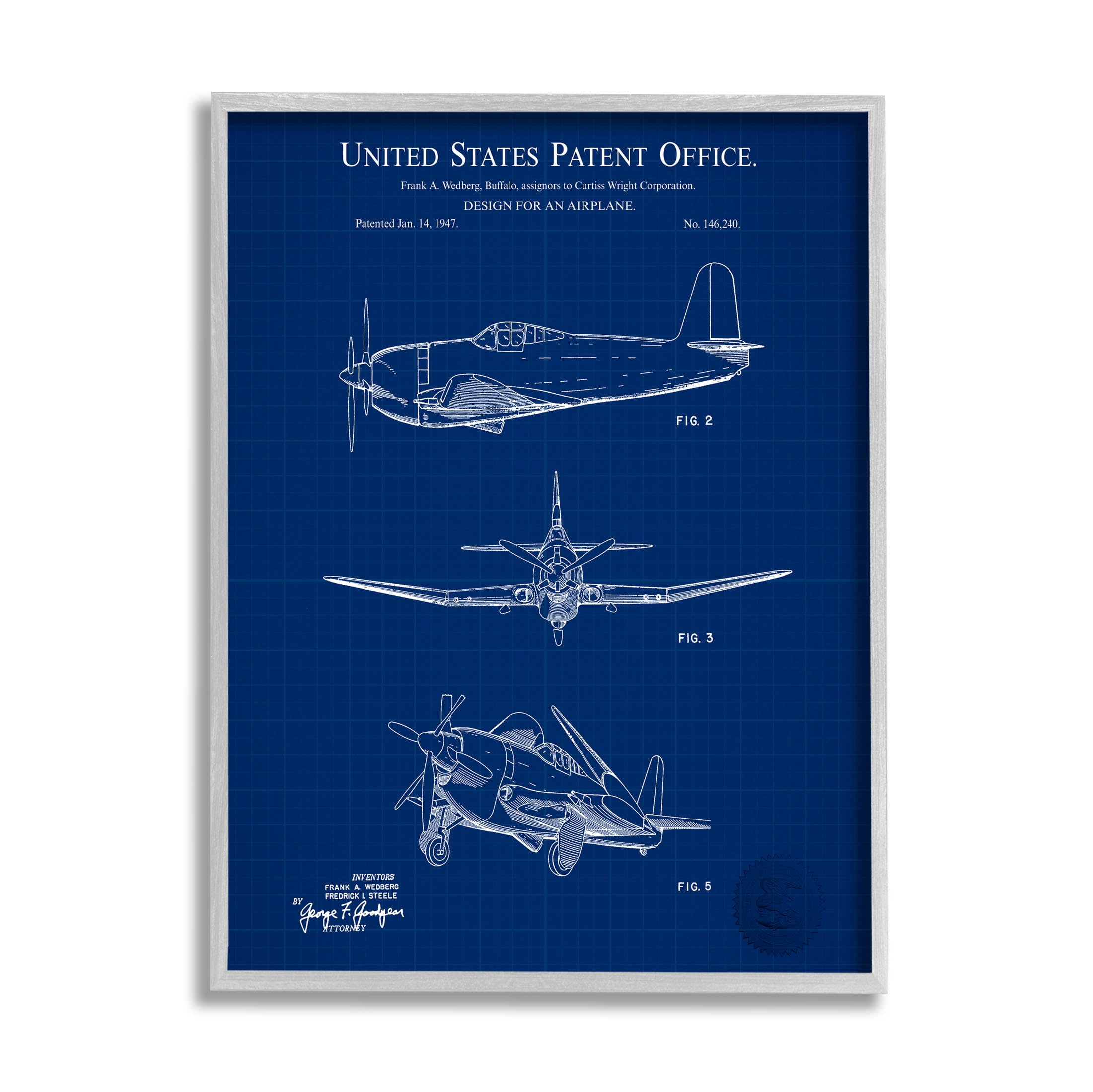 Stupell Industries Blueprint Patent Airplane Diagram Graphic Art Gray Framed Art Print Wall Art, Design by Karl Hronek