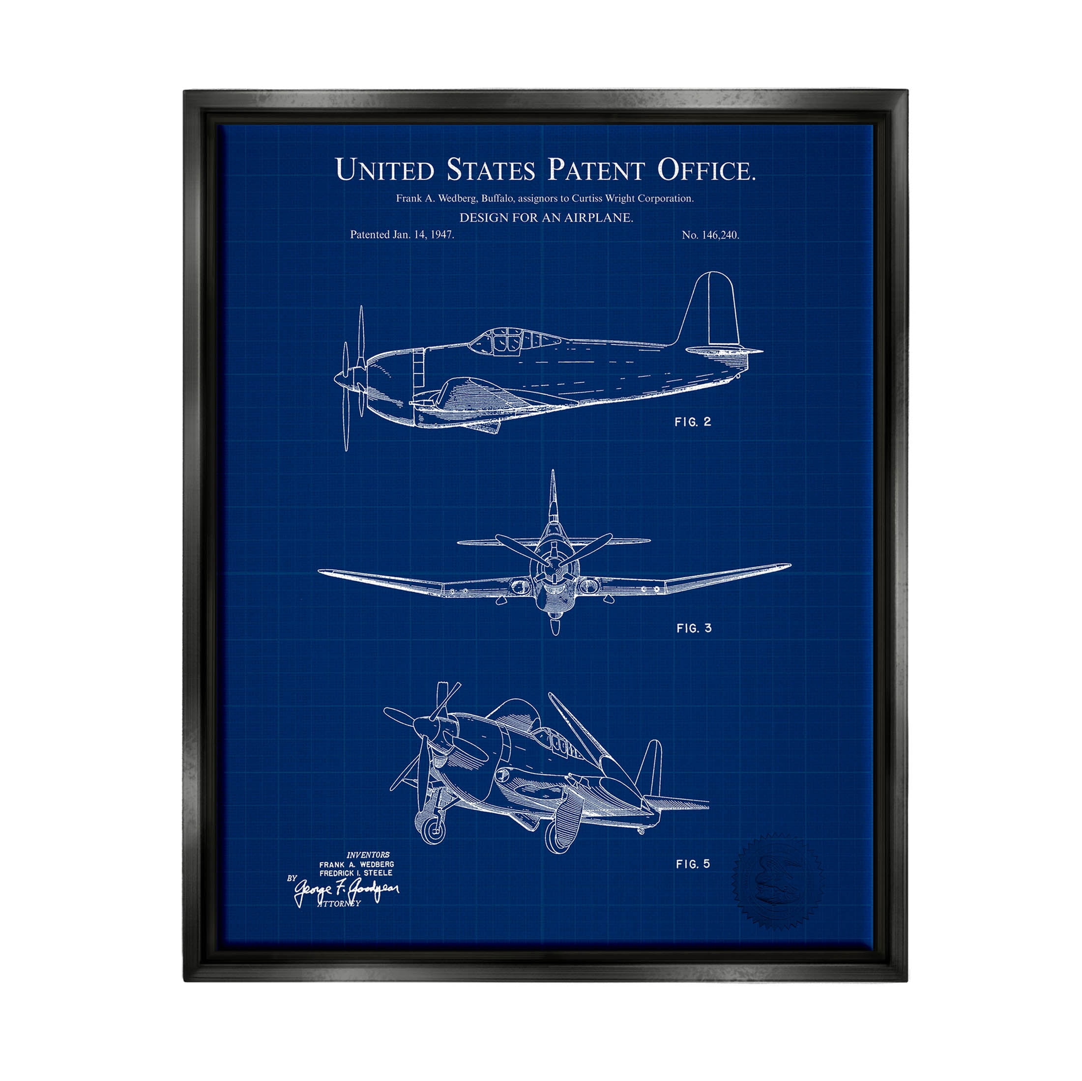 Stupell Industries Blueprint Patent Airplane Diagram Graphic Art Jet Black Floating Framed Canvas Print Wall Art, Design by Karl Hronek