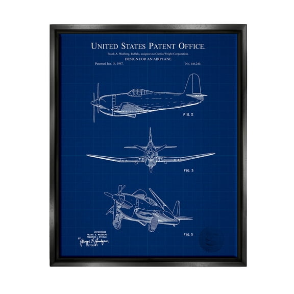 Stupell Industries Blueprint Patent Airplane Diagram Graphic Art Jet Black Floating Framed Canvas Print Wall Art, Design by Karl Hronek