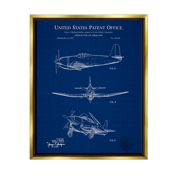 Stupell Industries Blueprint Patent Airplane Diagram Graphic Art Metallic Gold Floating Framed Canvas Print Wall Art, Design by Karl Hronek