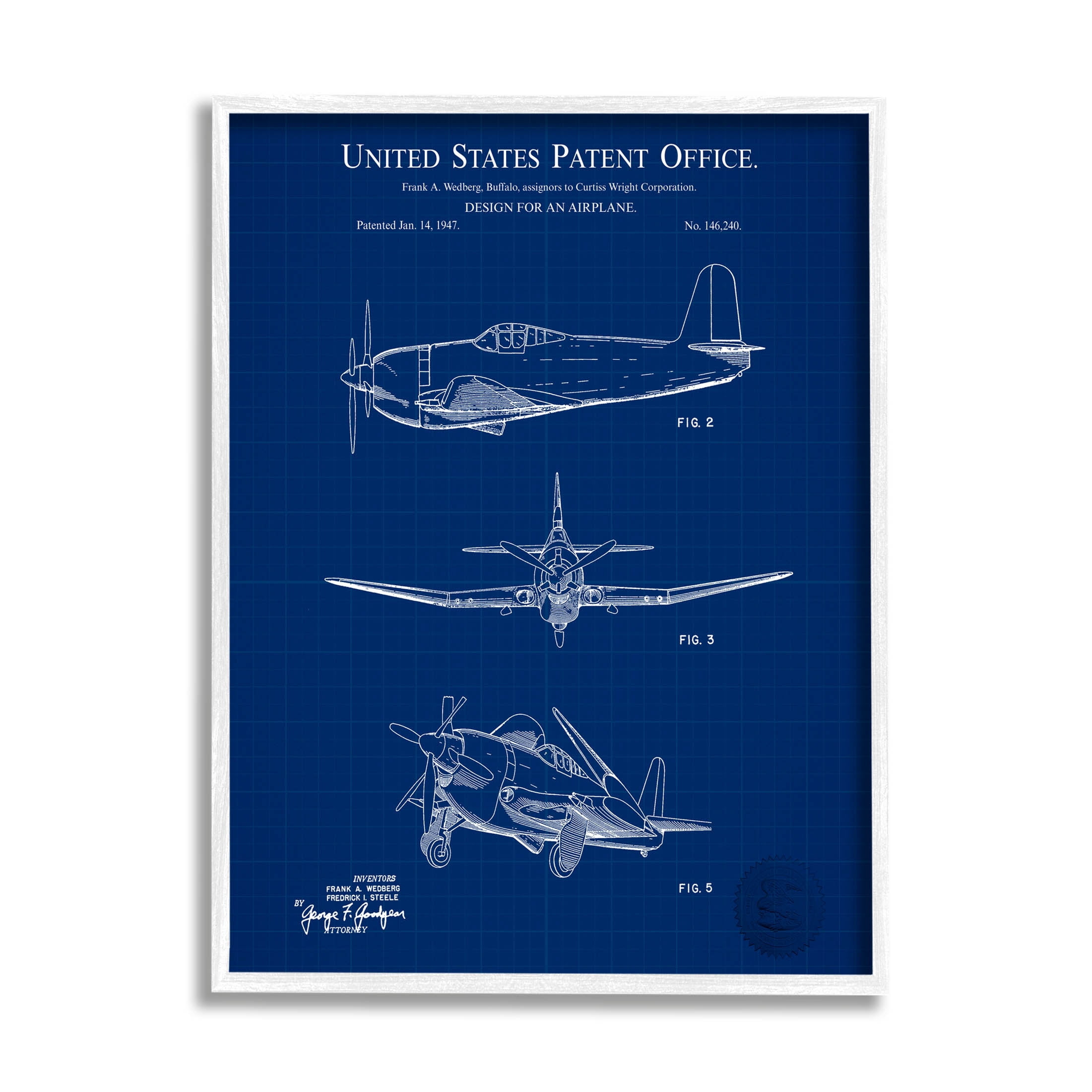 Stupell Industries Blueprint Patent Airplane Diagram Graphic Art White Framed Art Print Wall Art, Design by Karl Hronek