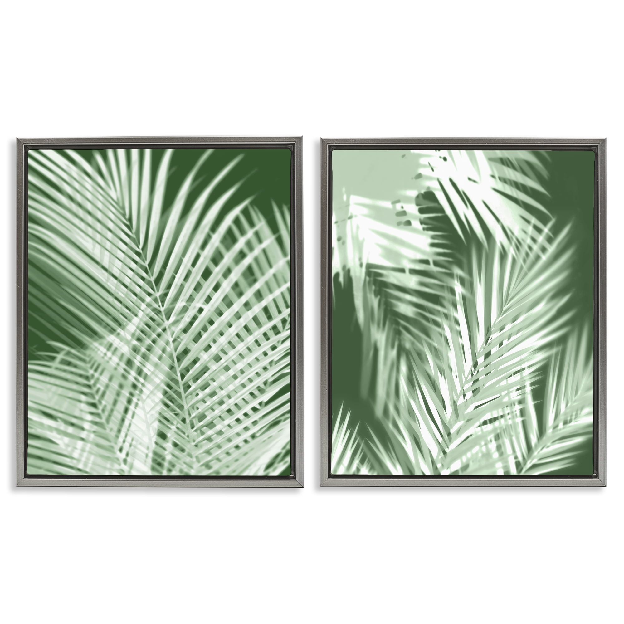 Stupell Industries Blurred Green Palm Fronds Plants & Flowers Painting Gray Floater Framed Canvas Art Print Wall Art, 17 x 21, Set of 2