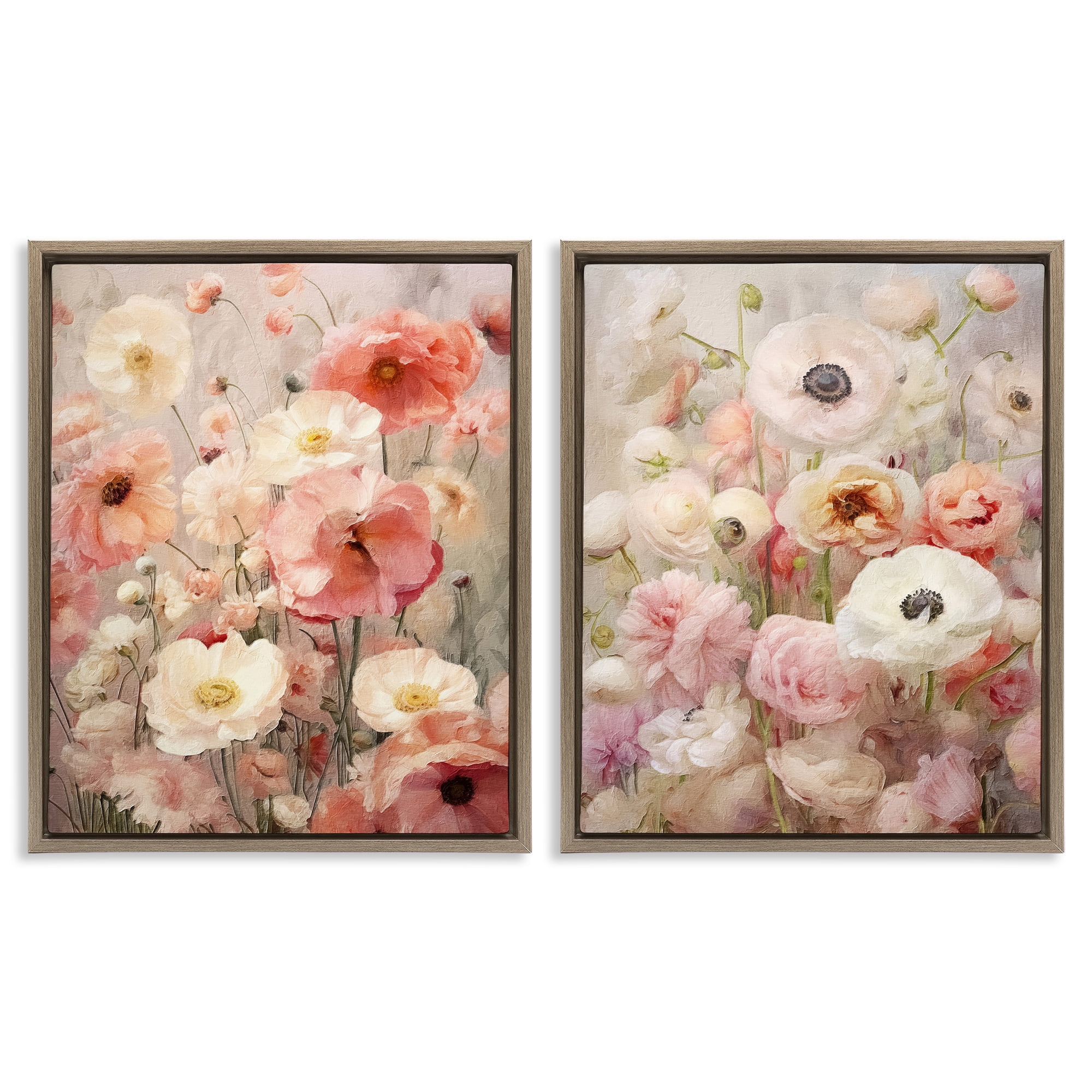 Stupell Industries Blush Floral Flowers Plants & Flowers Painting Brown Floater Framed Canvas Art Print Wall Art, 17 x 21, Set of 2