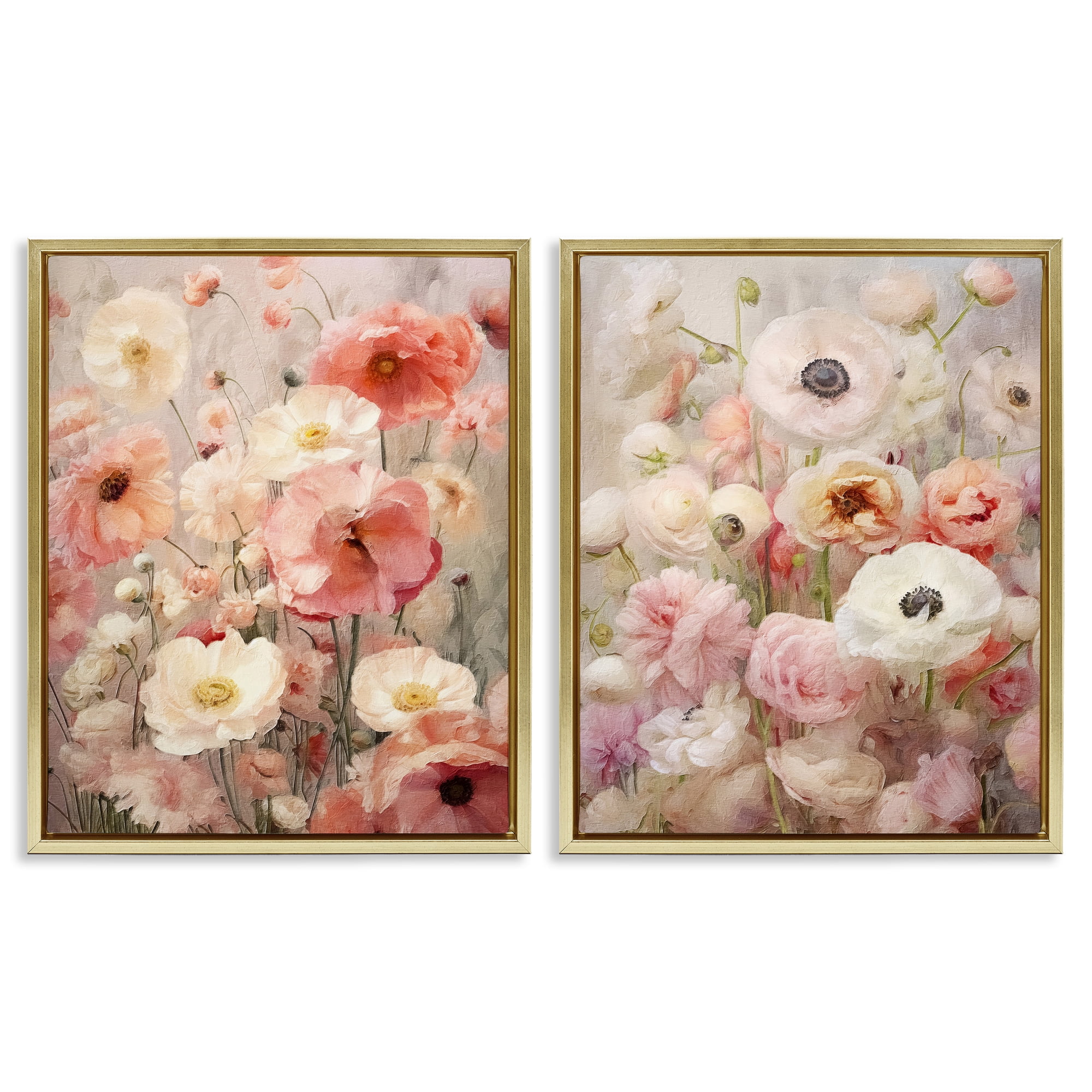 Stupell Industries Blush Floral Flowers Plants & Flowers Painting Gold Floater Framed Canvas Art Print Wall Art, 17 x 21, Set of 2