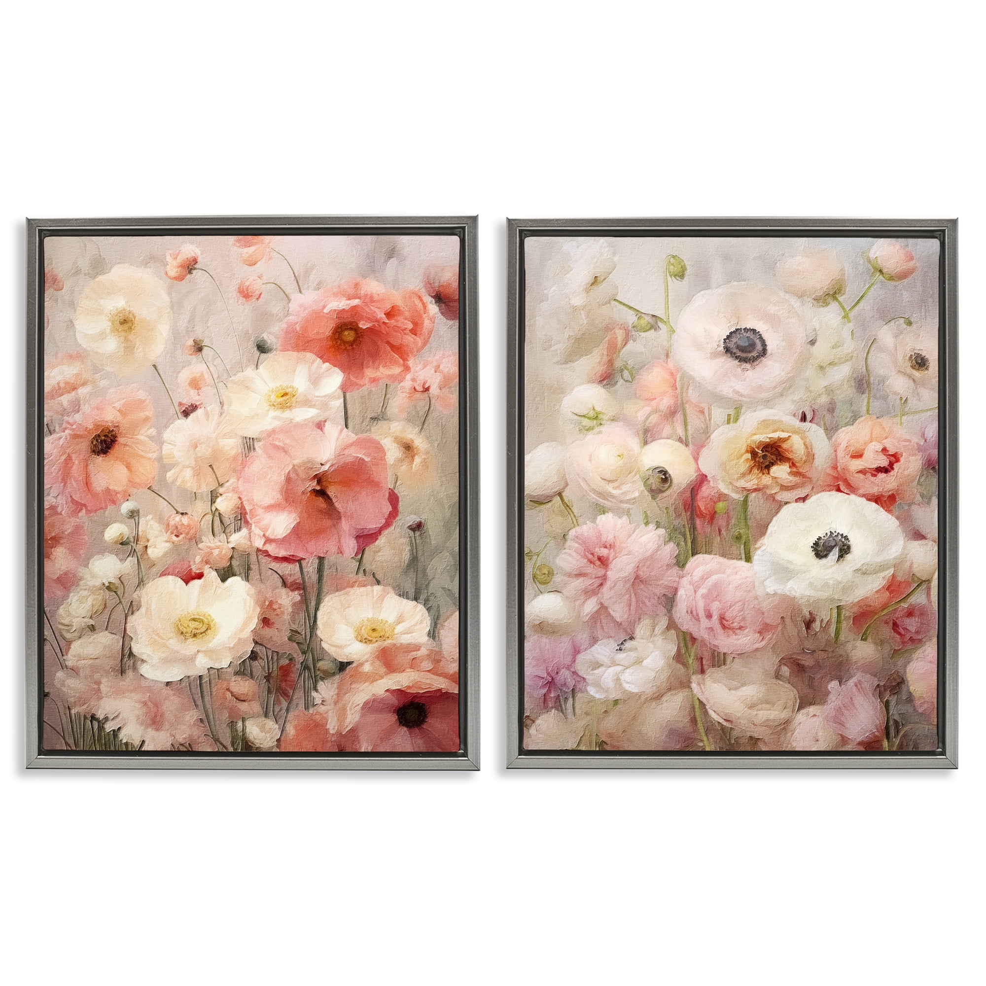 Stupell Industries Blush Floral Flowers Plants & Flowers Painting Gray Floater Framed Canvas Art Print Wall Art, 31 x 25, Set of 2