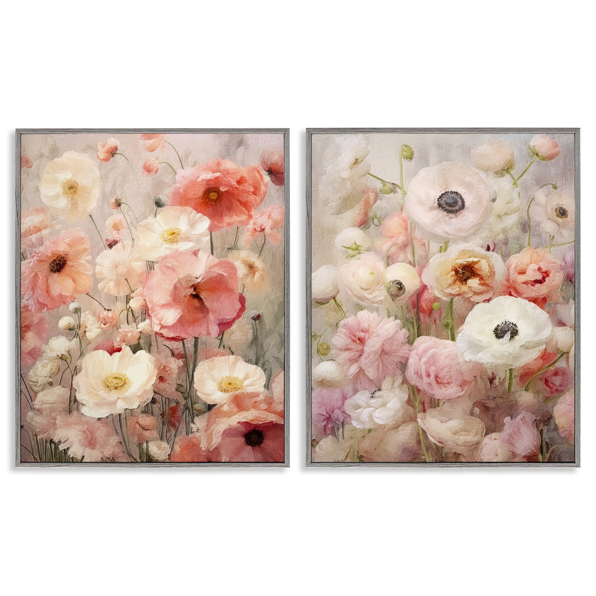 Stupell Industries Blush Floral Flowers Plants & Flowers Painting Gray Framed Art Print Wall Art, 11 x 14, Set of 2