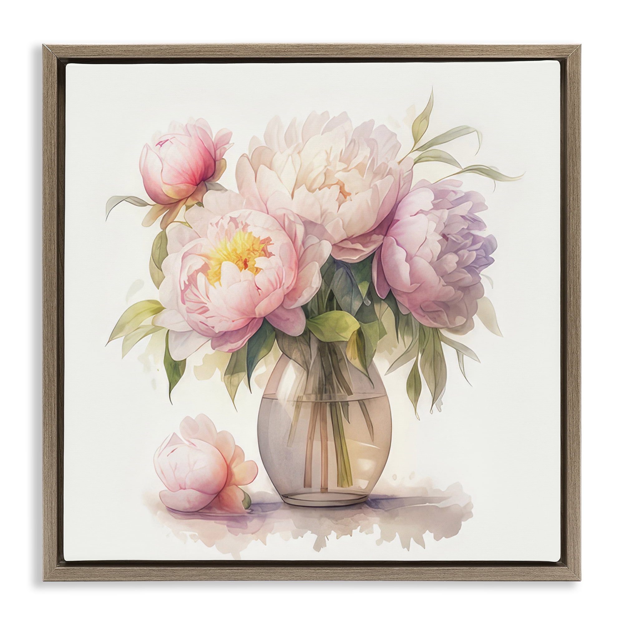 Stupell Industries Blush Peonies Vase Plants & Flowers Painting Brown Floater Framed Canvas Art Print Wall Art, 18 x 18