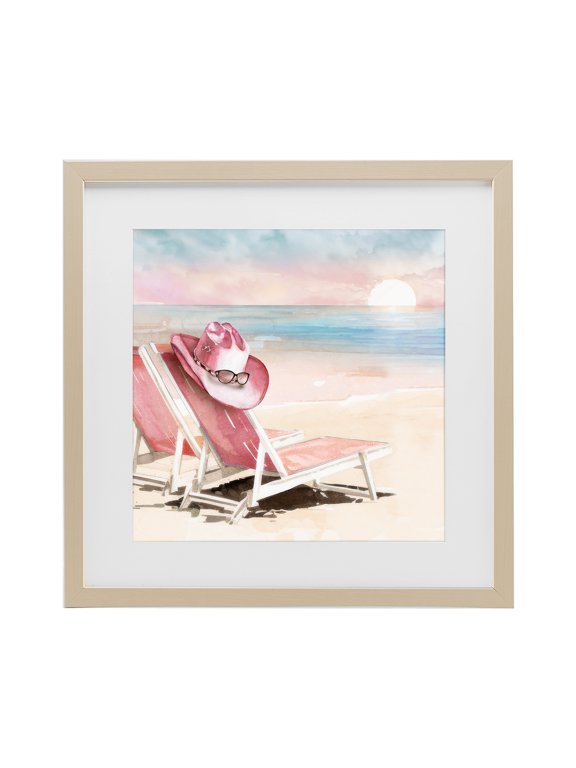Industries Blush Pink Beach Chairs Birch Framed Print Under Glass, design by Paul Mathenia