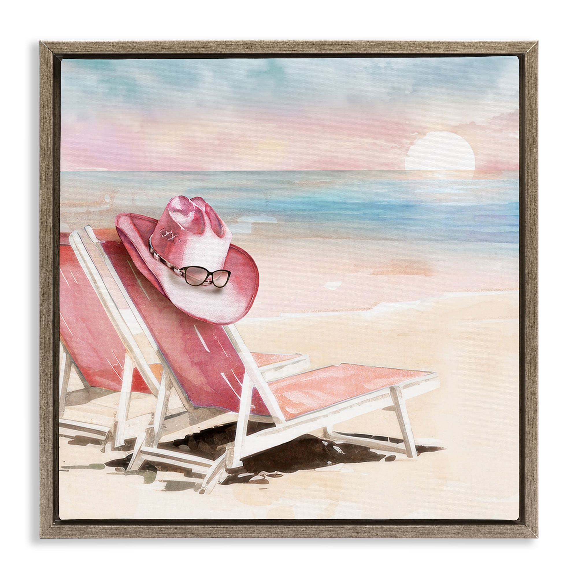 Stupell Industries Blush Pink Beach Chairs Brown Framed Floater Canvas Wall Art, design by Paul Mathenia