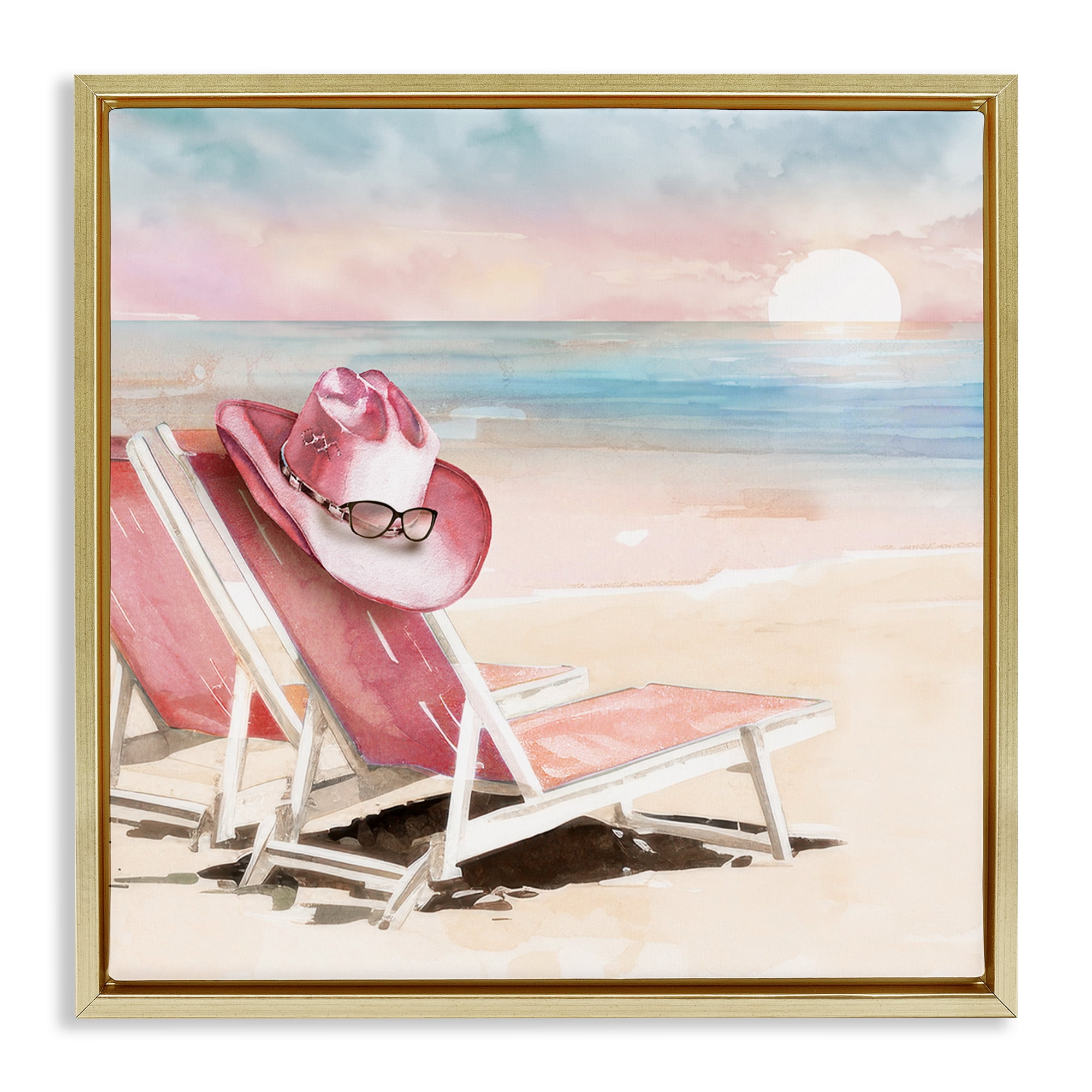 Stupell Industries Blush Pink Beach Chairs Gold Framed Floater Canvas Wall Art, design by Paul Mathenia