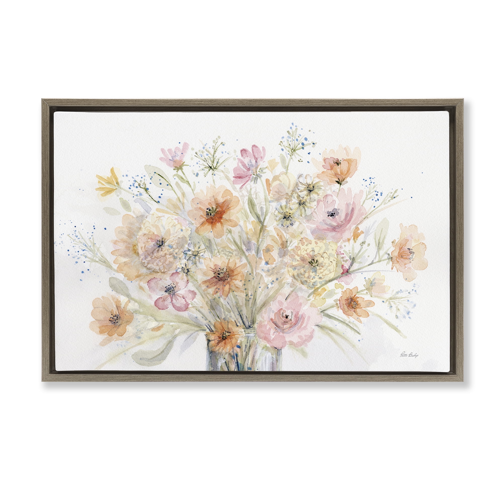 Stupell Industries Blush Pink Bouquet Plants & Flowers Painting Brown Floater Framed Canvas Art Print Wall Art, 25 x 17