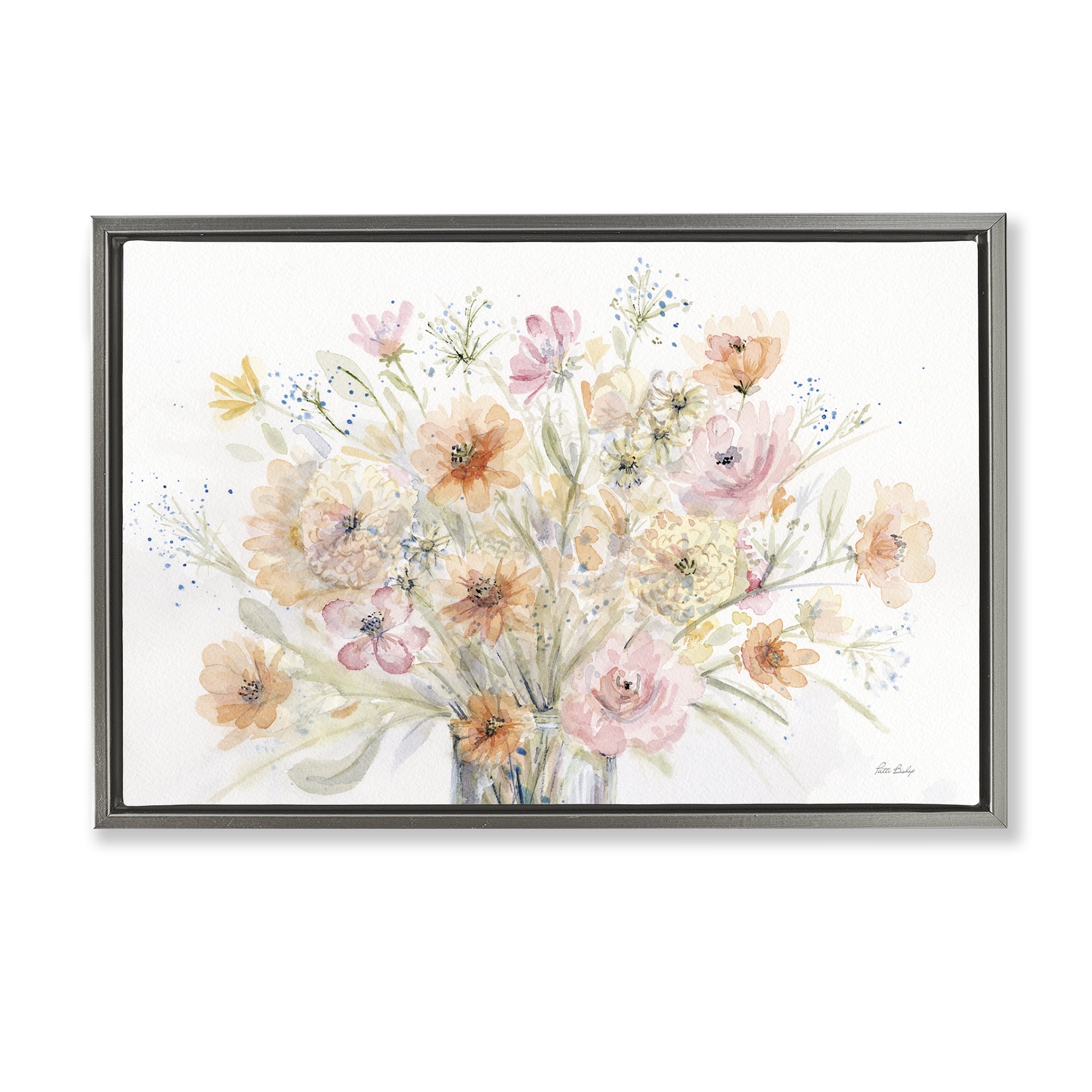Stupell Industries Blush Pink Bouquet Plants & Flowers Painting Gray Floater Framed Canvas Art Print Wall Art, 31 x 21