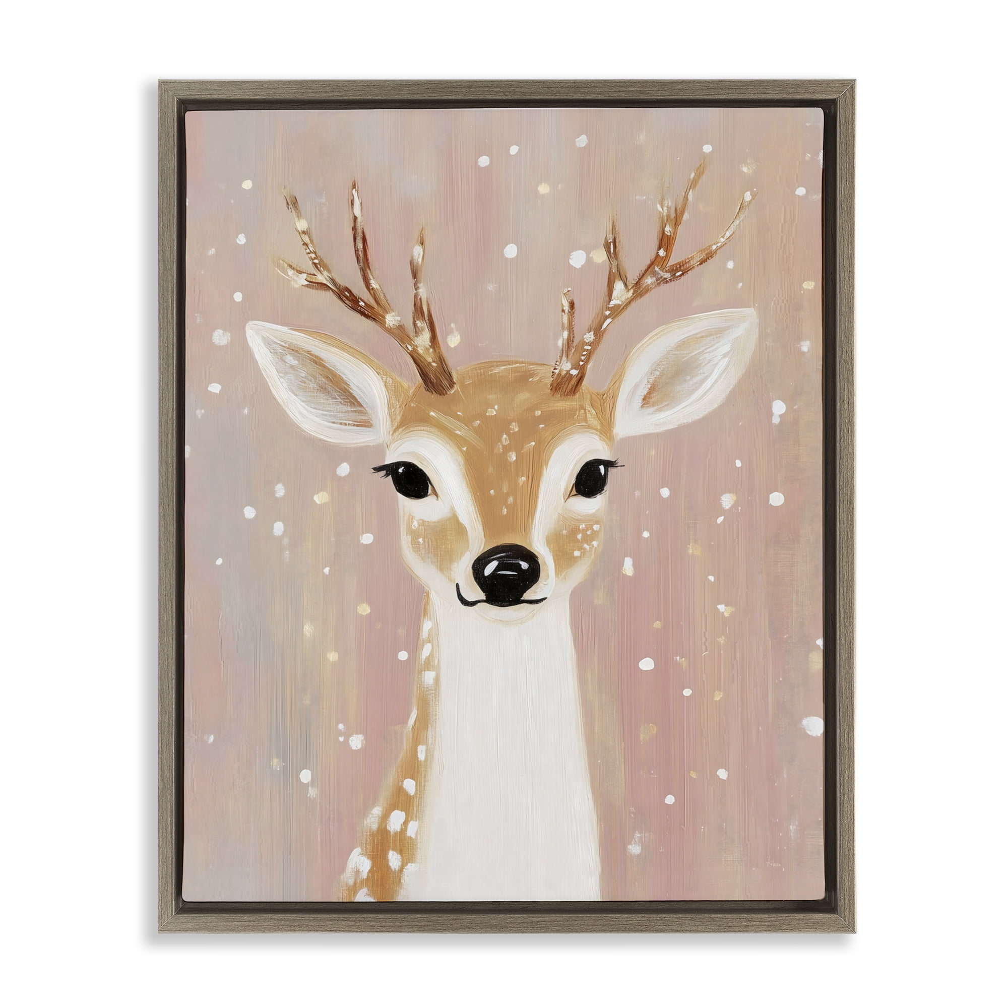 Stupell Industries Blush Pink Deer with Snowflakes Brown Framed Floater Canvas Wall Art, design by The Prints Vibe