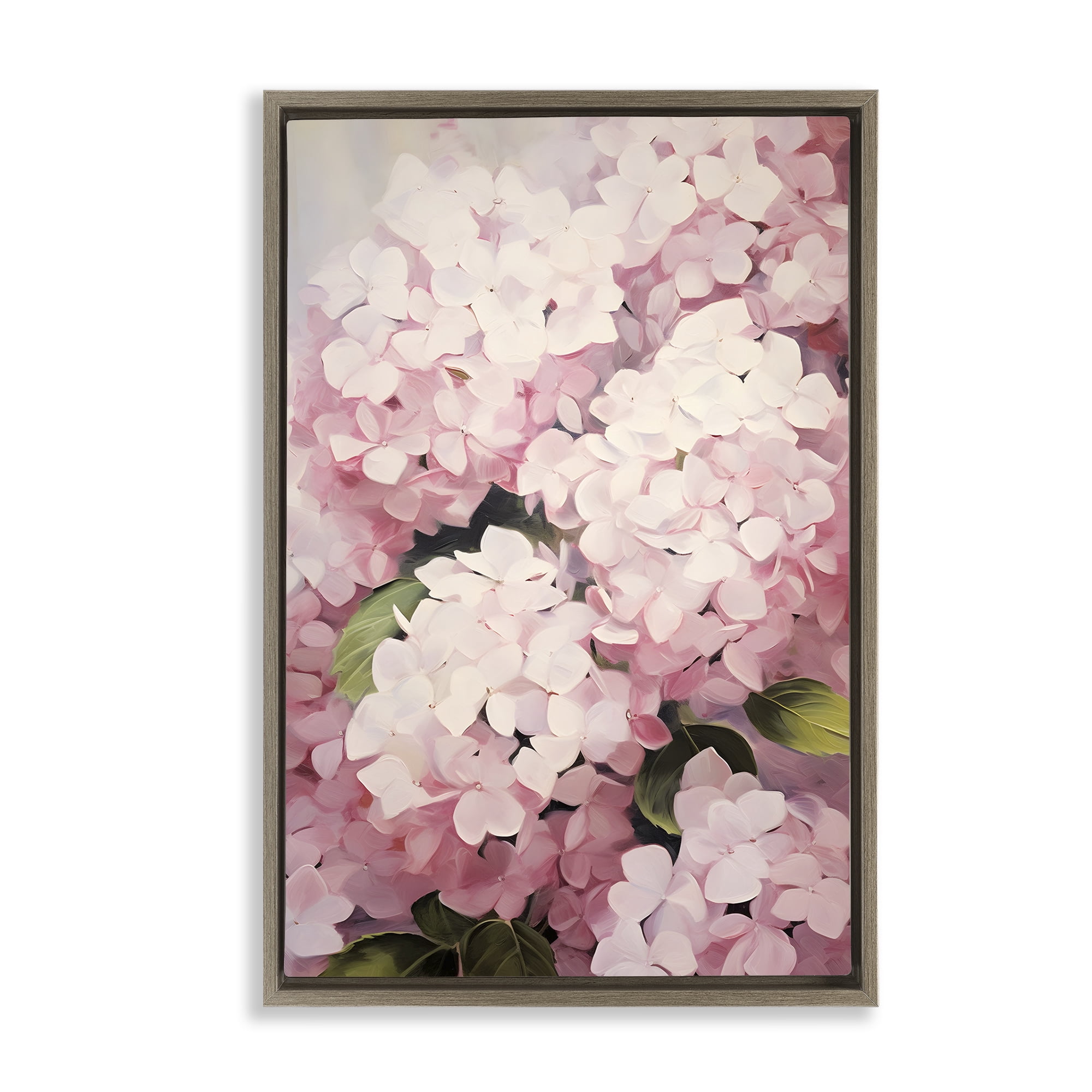 Stupell Industries Blush Pink Hydrangeas Botanical & Floral Painting Brown Floater Framed Art Print Wall Art, 21 x 31
