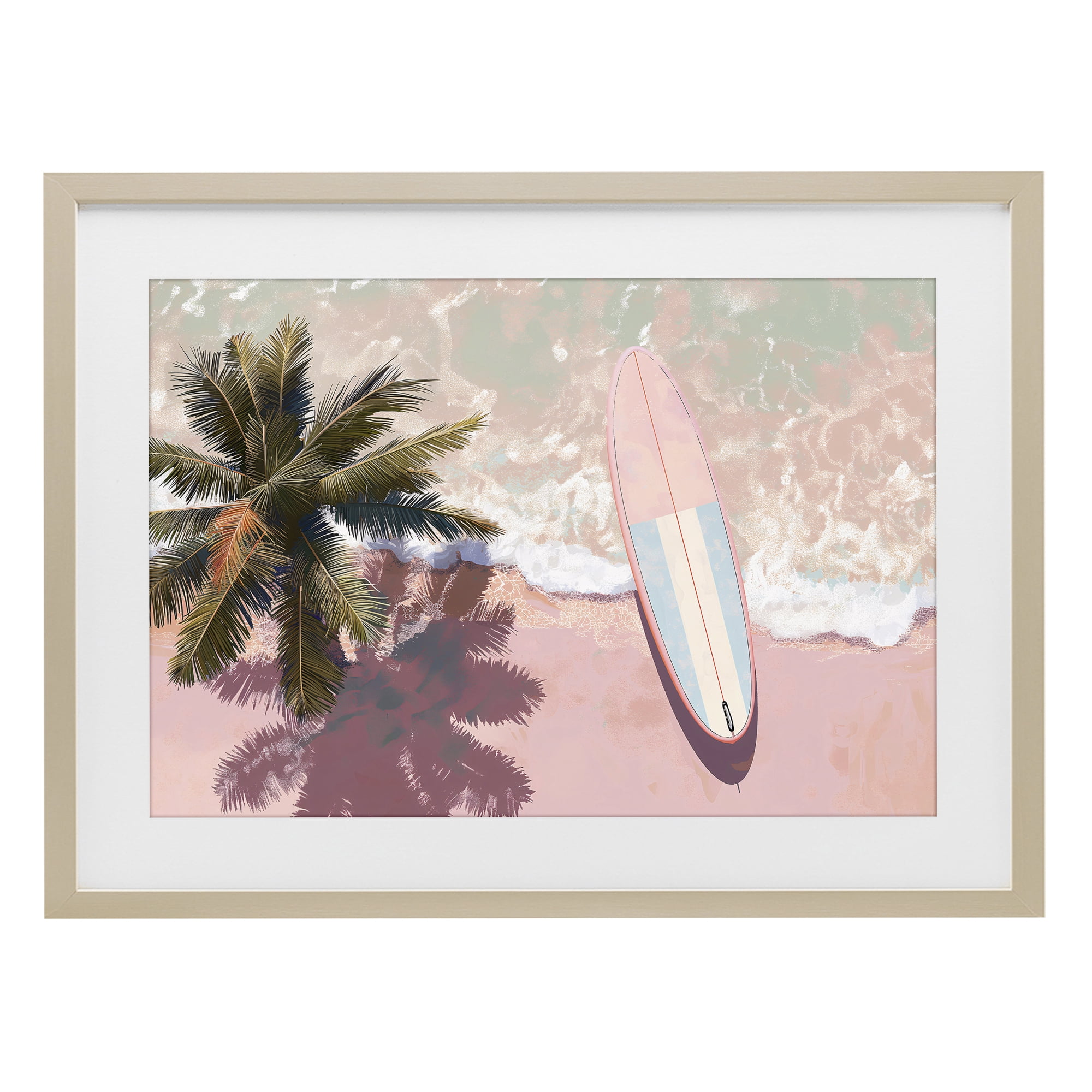 Stupell Industries Blush Pink Surfboard & Palm Birch Framed Print Under Glass, design by Jacky Ngan