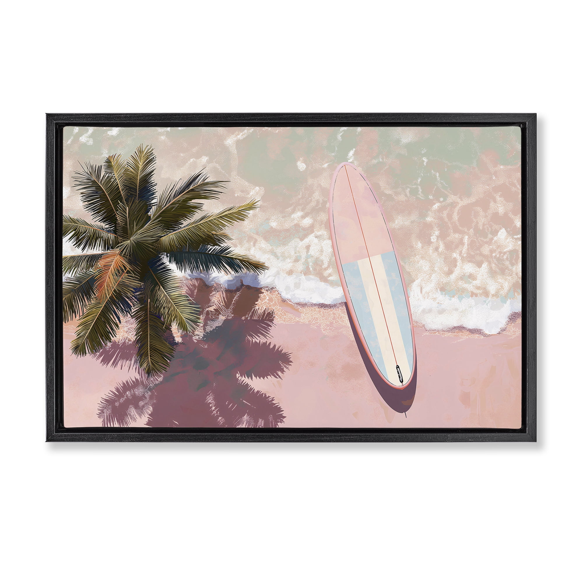 Stupell Industries Blush Pink Surfboard & Palm Black Framed Floater Canvas Wall Art, design by Jacky Ngan