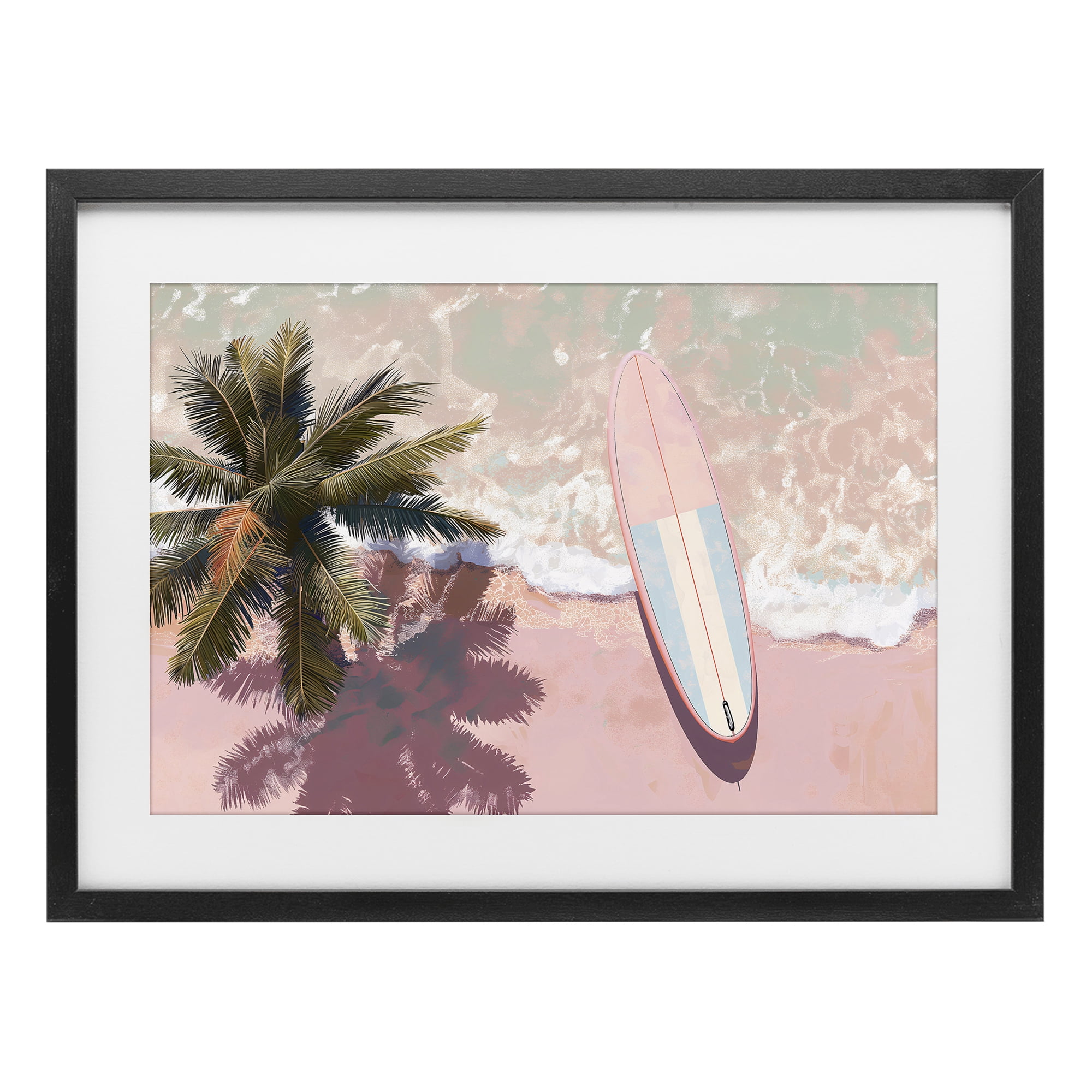 Stupell Industries Blush Pink Surfboard & Palm Black Framed Print Under Glass, design by Jacky Ngan