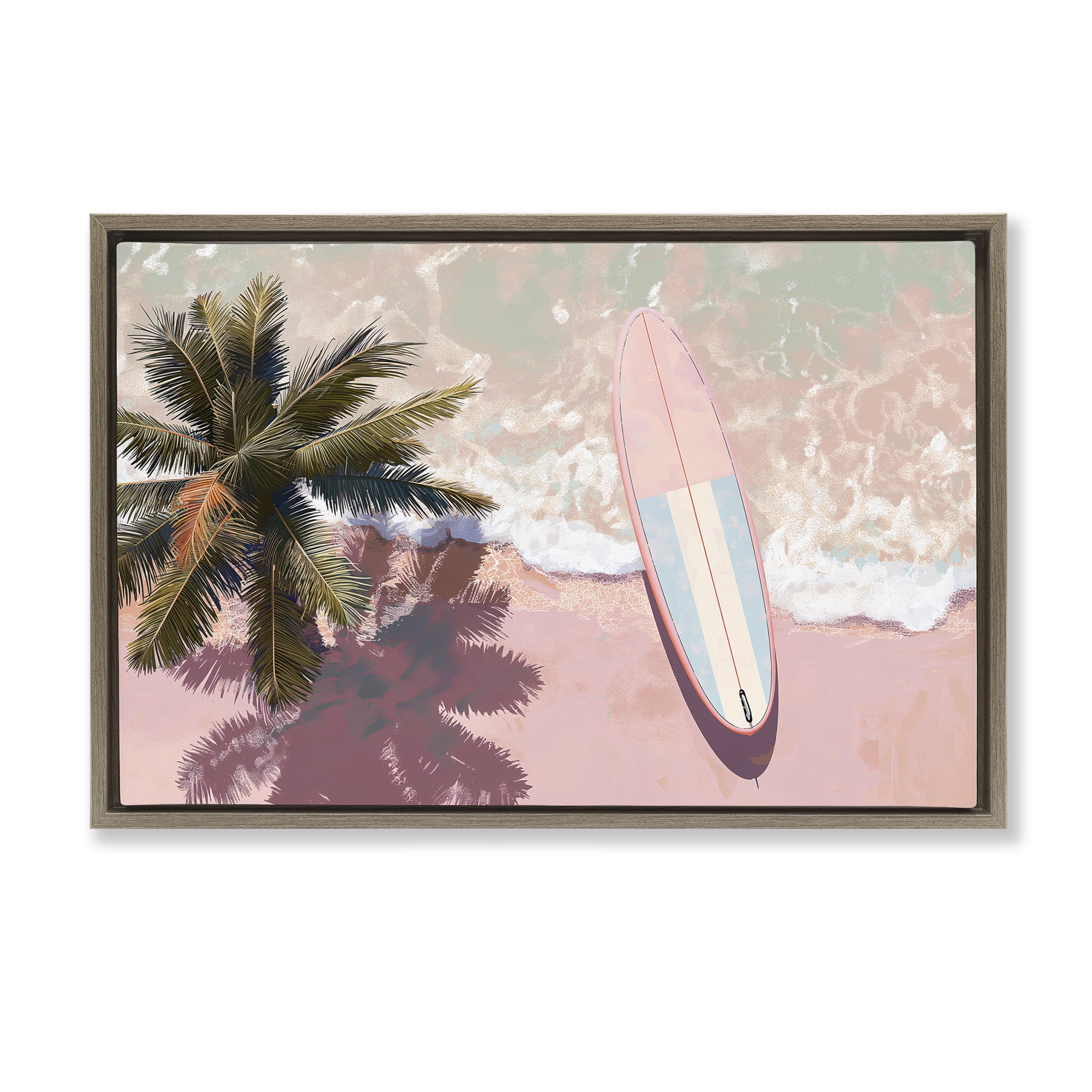 Stupell Industries Blush Pink Surfboard & Palm Brown Framed Floater Canvas Wall Art, design by Jacky Ngan