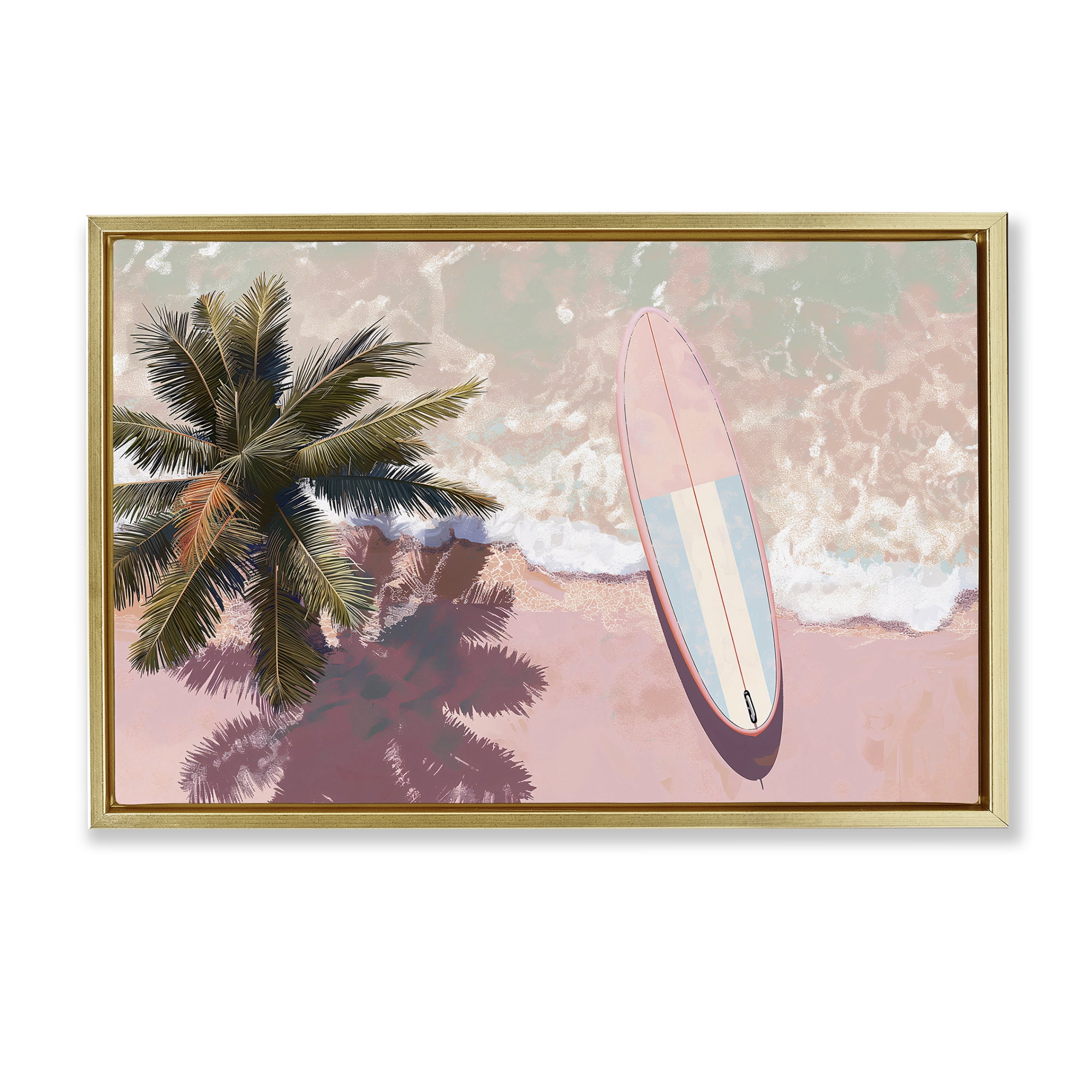 Stupell Industries Blush Pink Surfboard & Palm Gold Framed Floater Canvas Wall Art, design by Jacky Ngan