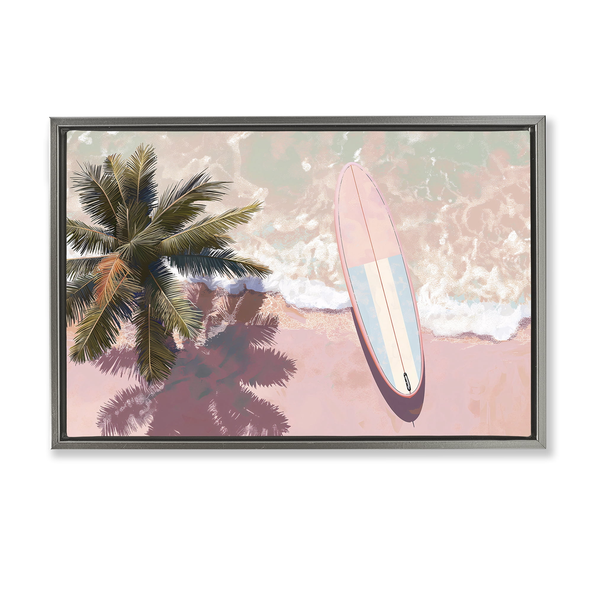 Stupell Industries Blush Pink Surfboard & Palm Gray Framed Floater Canvas Wall Art, design by Jacky Ngan