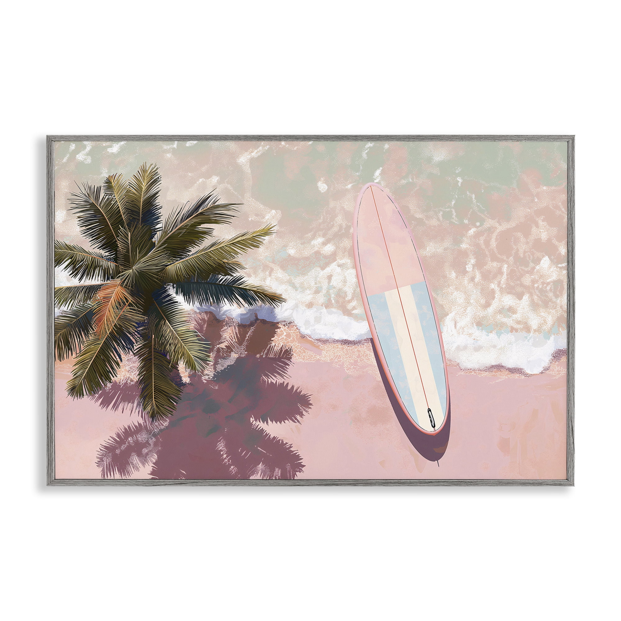 Stupell Industries Blush Pink Surfboard & Palm Gray Framed Giclee Art, design by Jacky Ngan