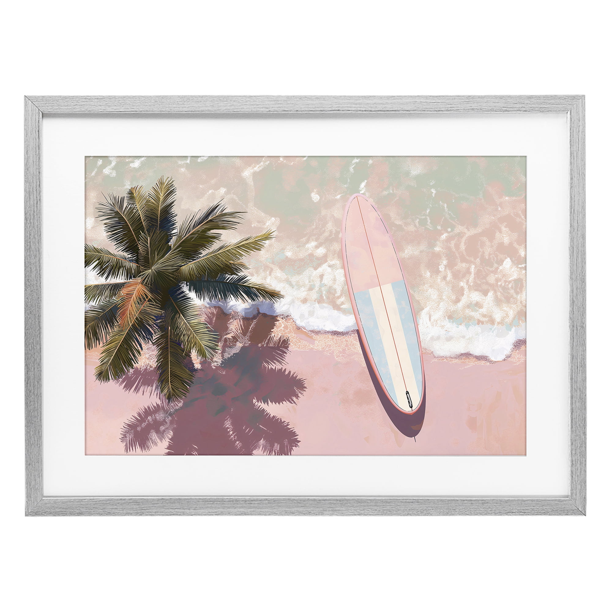 Stupell Industries Blush Pink Surfboard & Palm Gray Framed Print Under Glass, design by Jacky Ngan