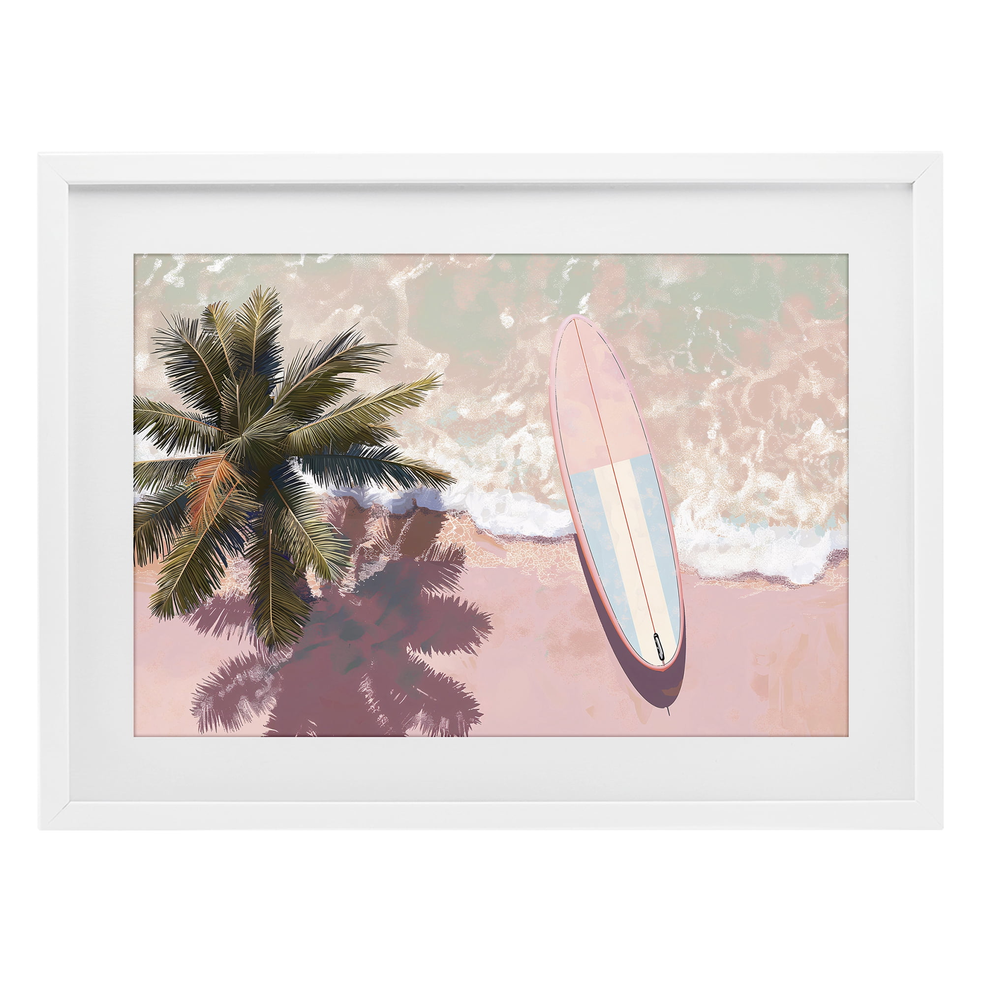 Stupell Industries Blush Pink Surfboard & Palm White Framed Print Under Glass, design by Jacky Ngan