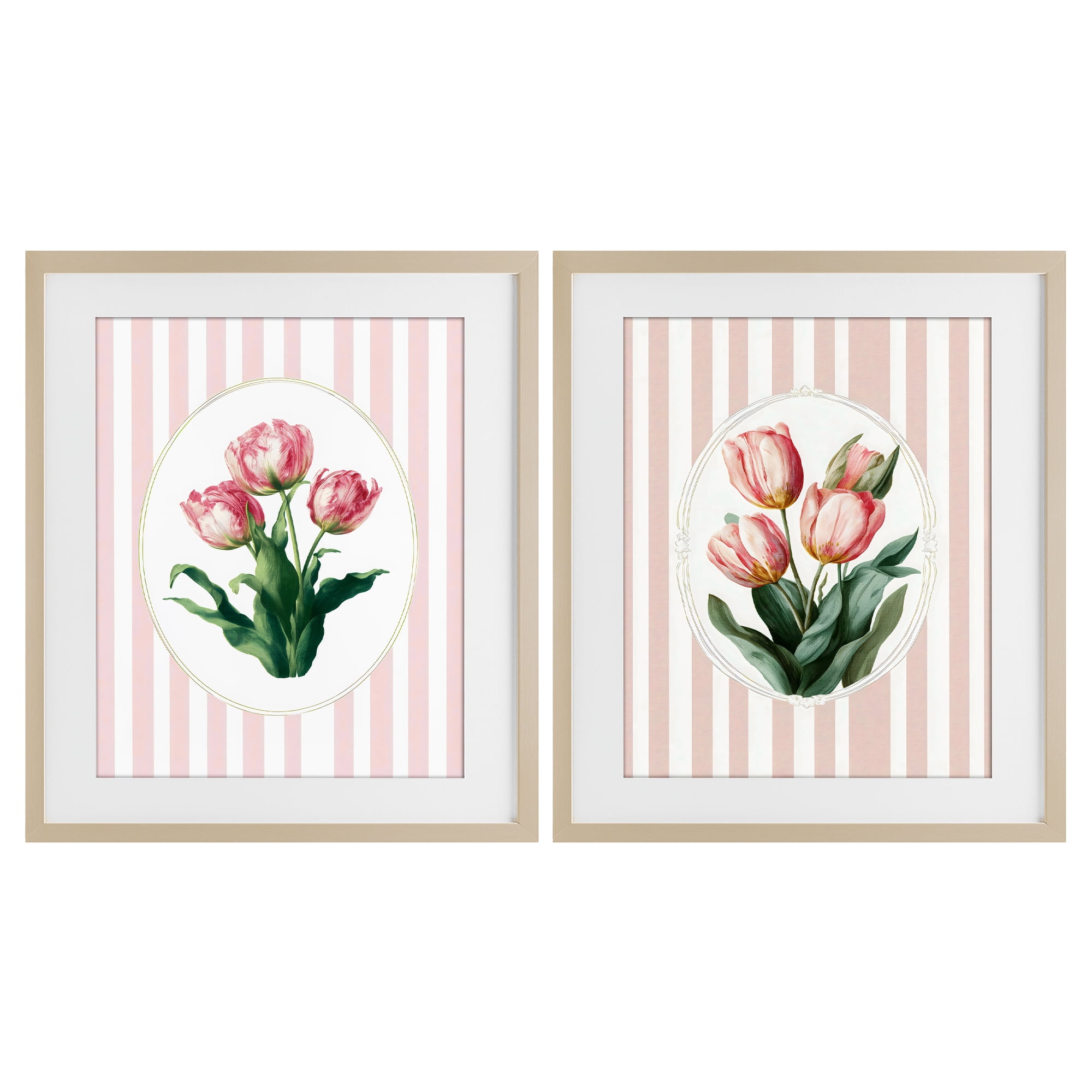 Stupell Industries Blush Tulips on Stripes 2 Piece Birch Framed Print Under Glass Set, design by Ink Drop Loft