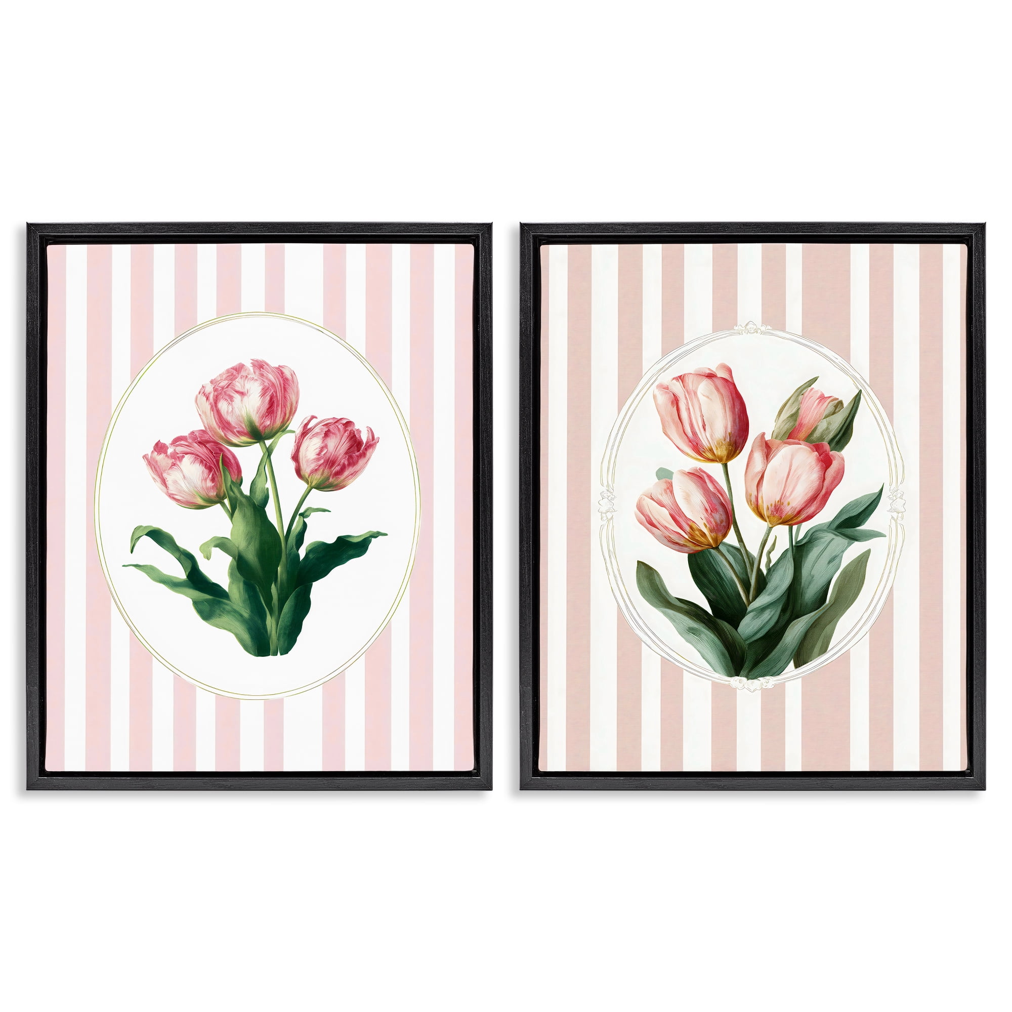 Stupell Industries Blush Tulips on Stripes 2 Piece Black Framed Floater Canvas Set, design by Ink Drop Loft