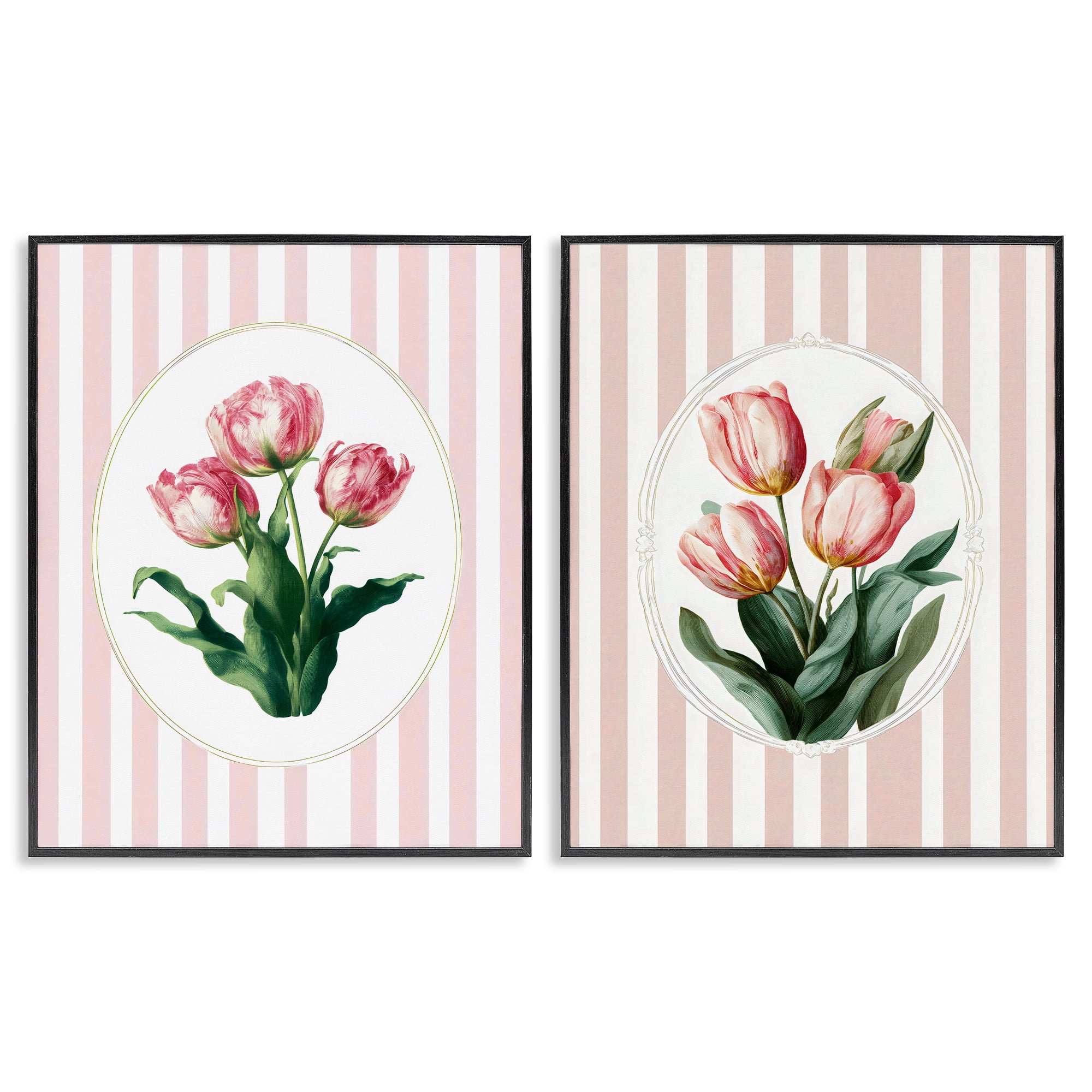 Stupell Industries Blush Tulips on Stripes 2 Piece Black Framed Giclee Art Set, design by Ink Drop Loft