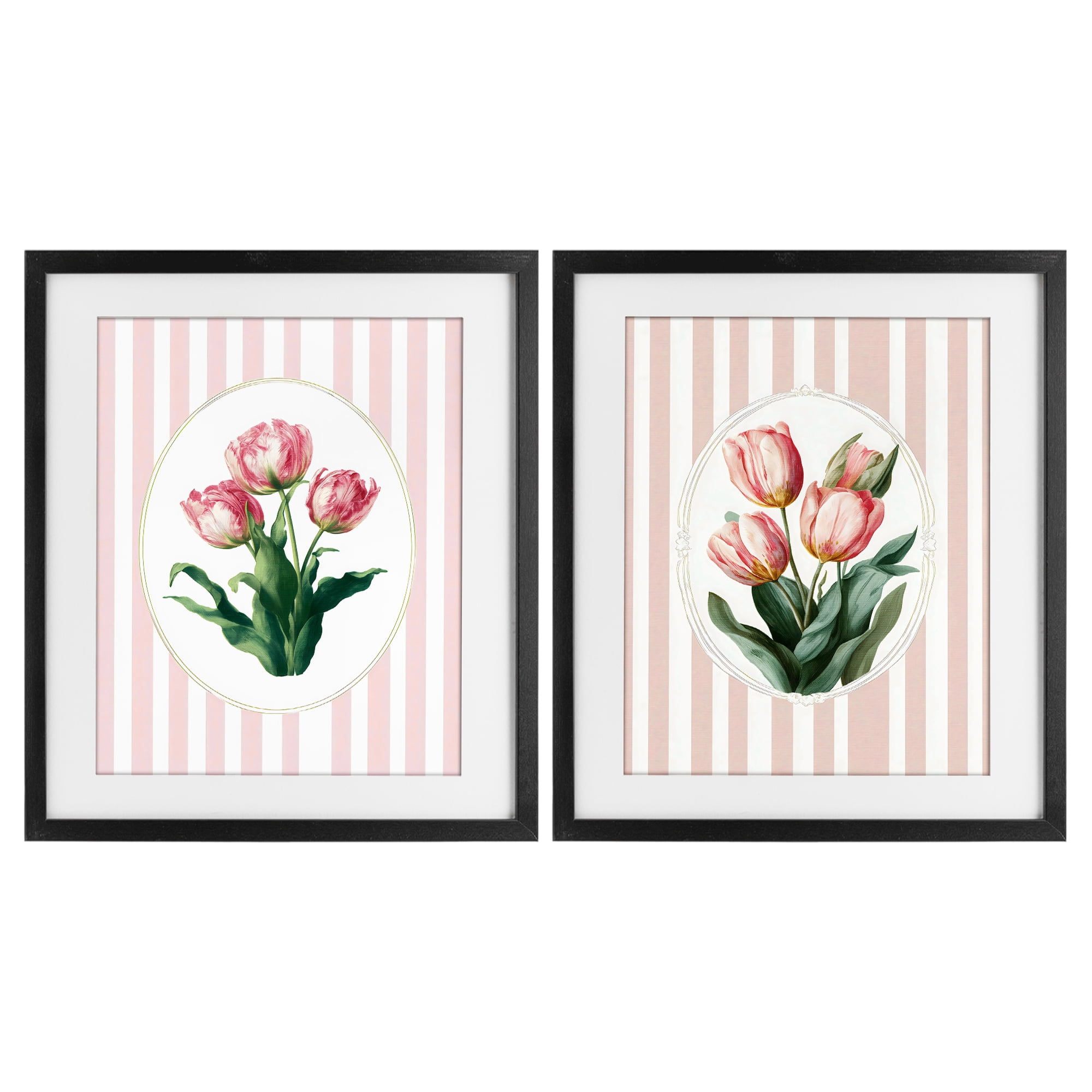 Stupell Industries Blush Tulips on Stripes 2 Piece Black Framed Print Under Glass Set, design by Ink Drop Loft